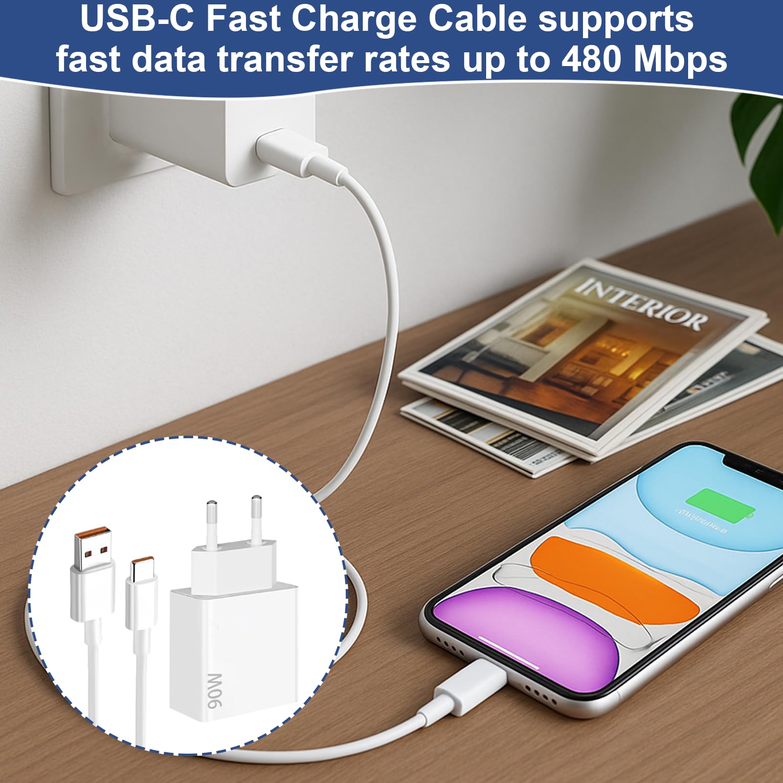 Chargeur Rapide 90W Pour Xiaomi - Avec Câble USB-C 6A 2m - Compatible Poco X7/F6, Redmi Note, Mi 14, POCO Pad