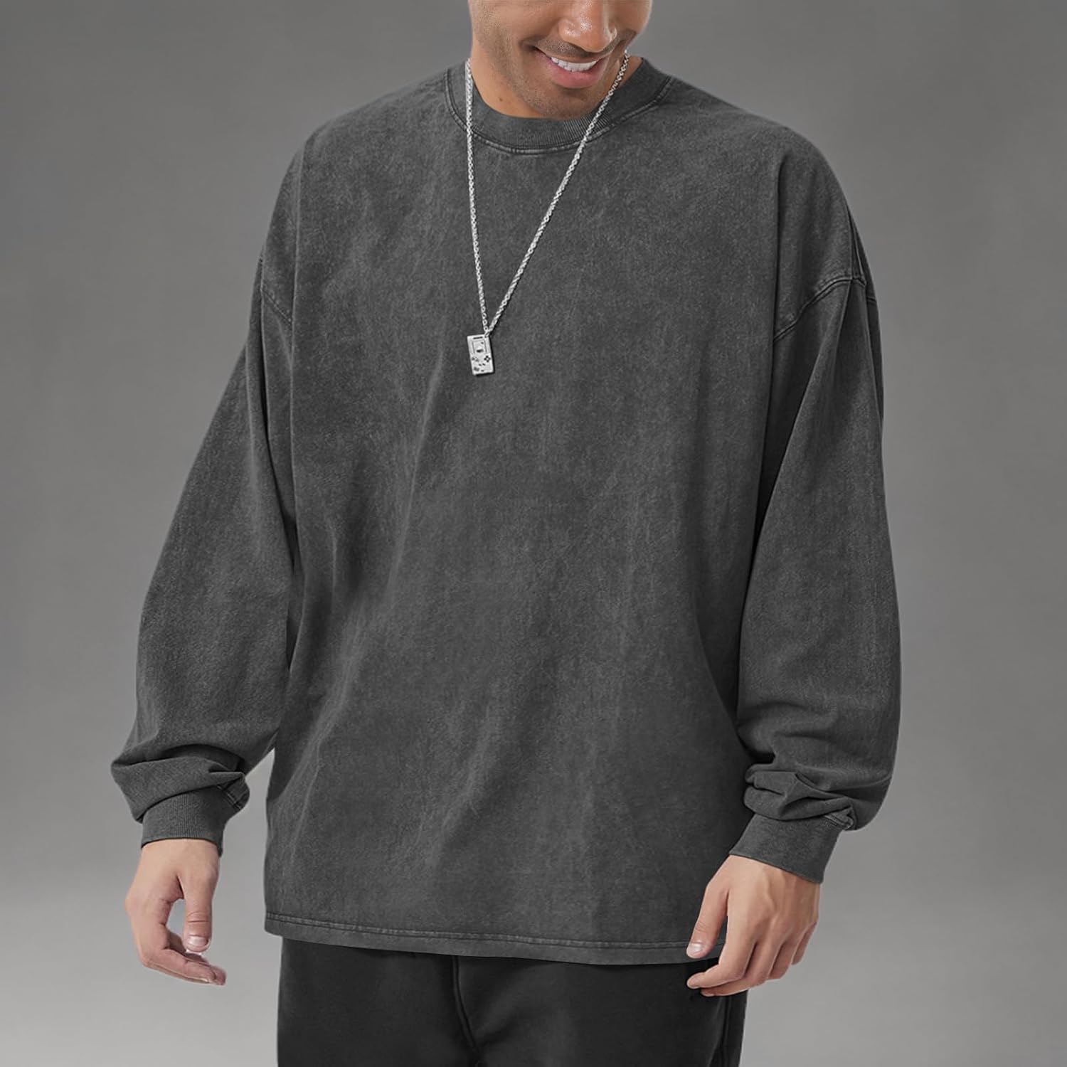 Men's Oversized Cotton T-Shirts Heavy Weight Crew Neck Vintage Wash Tee Long Sleeve Casual Gym Workout Tops - Image 7