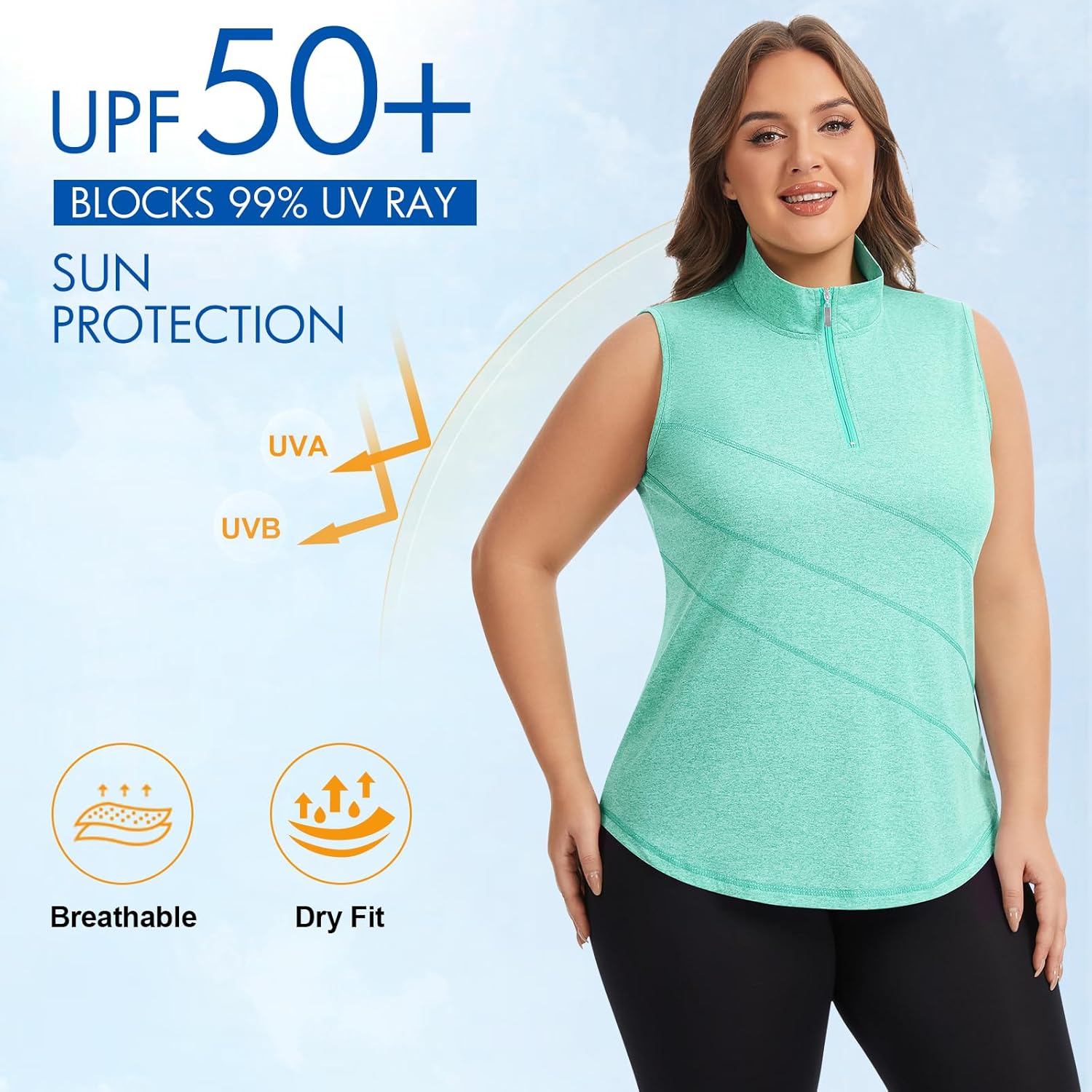 Koscacy Plus Size Golf Polo Shirts for Women Sleeveless Zip Up Athletic Tennis Shirt Dry Fit Workout Tank Tops