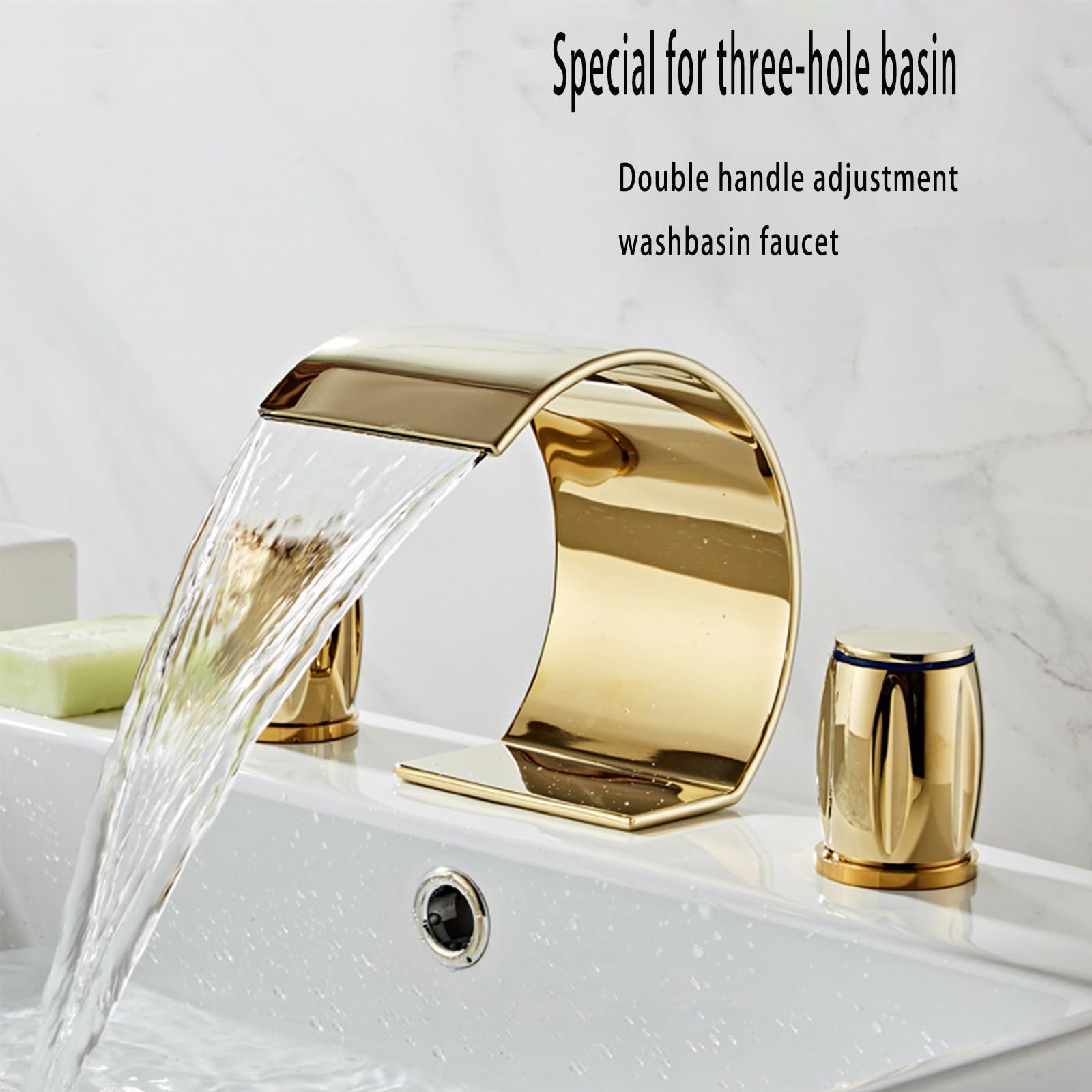 Gold Bathroom Sink Faucet 3 Hole 2 Handle Crystal Knobs High Arc Waterfall Spout Vanity Basin Mixer Tap