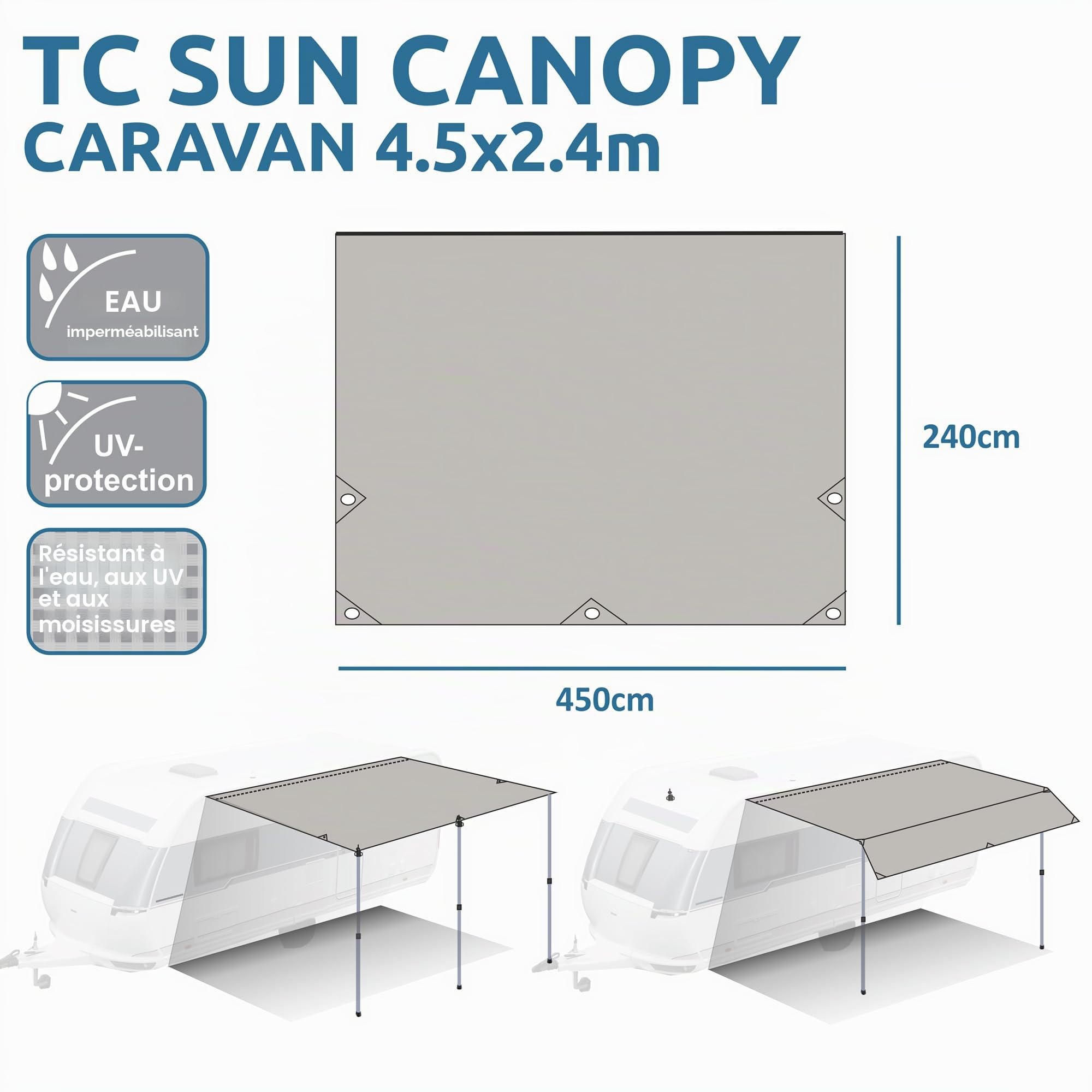 your GEAR Caravan Tarp TC Auvent de caravane - Voile d'ombrage en coton imperméable avec UV 50+, barres télescopiques en aluminium, 5 tailles, beige/sable, 450 x 240 cm