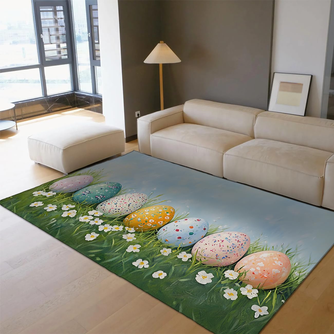 Tappeto di area soggiorno lavabile 120x180cm Modern Easter Egg Spring Stamp Colorato Motivo floreale Pavimento interno sottile per casa colonica Nursery Home