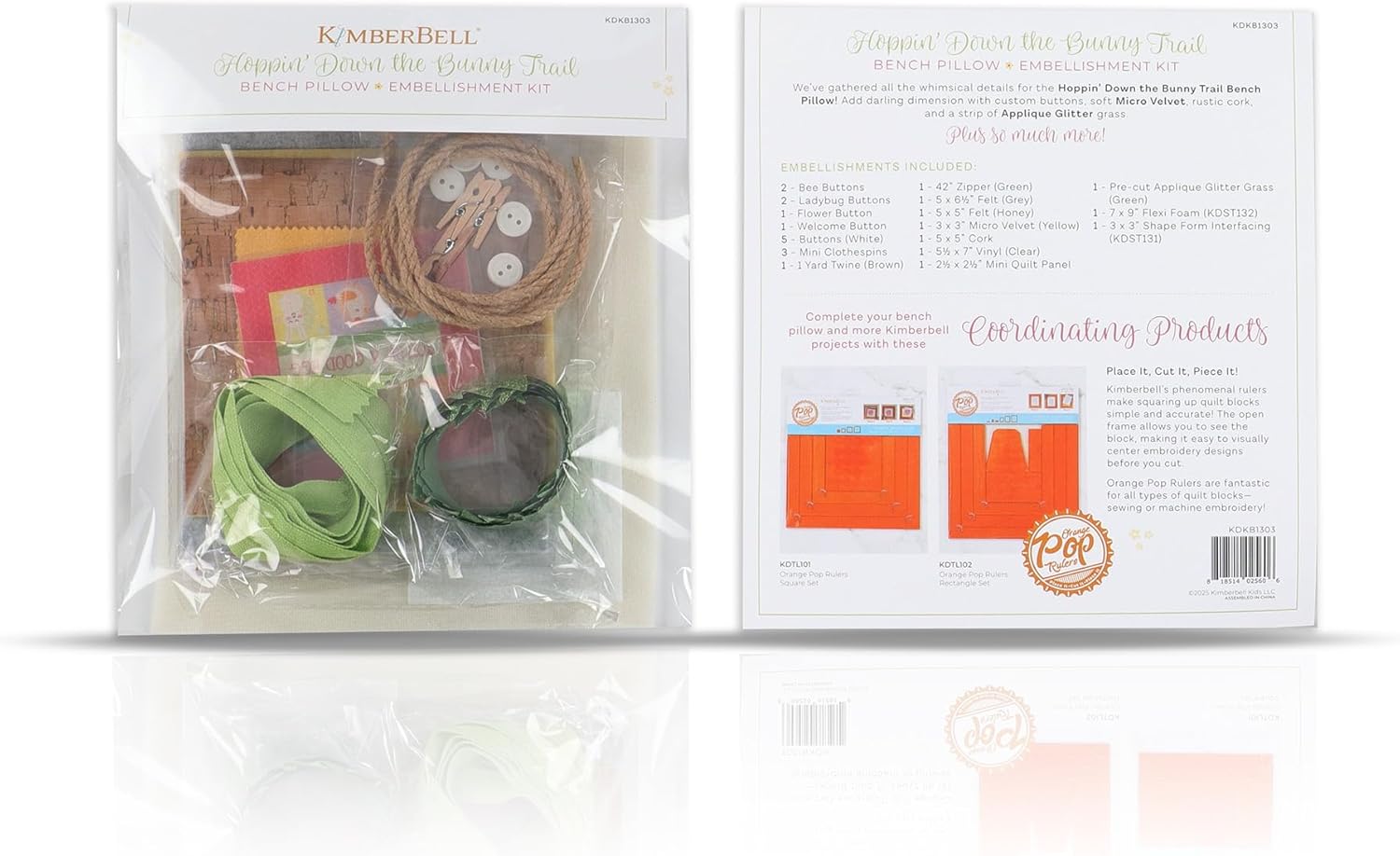 Kimberbell Hoppin’ Down The Bunny Trail Bench Pillow Embellishment Kit – 25 Piece Set for Embroidery, Sewing & Crafting – Includes Buttons, Felt, Glitter Grass & So Much More!