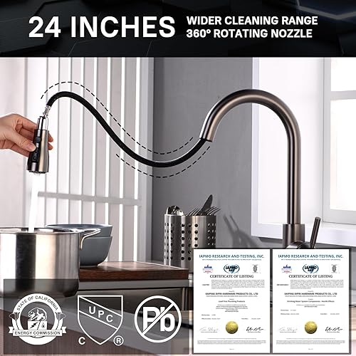 Miniatura 3 de WEWE Grifo de cocina de acero inoxidable negro con rociador extraíble, grifo de fregadero de acero inoxidable de lavandería de RV moderno comercial