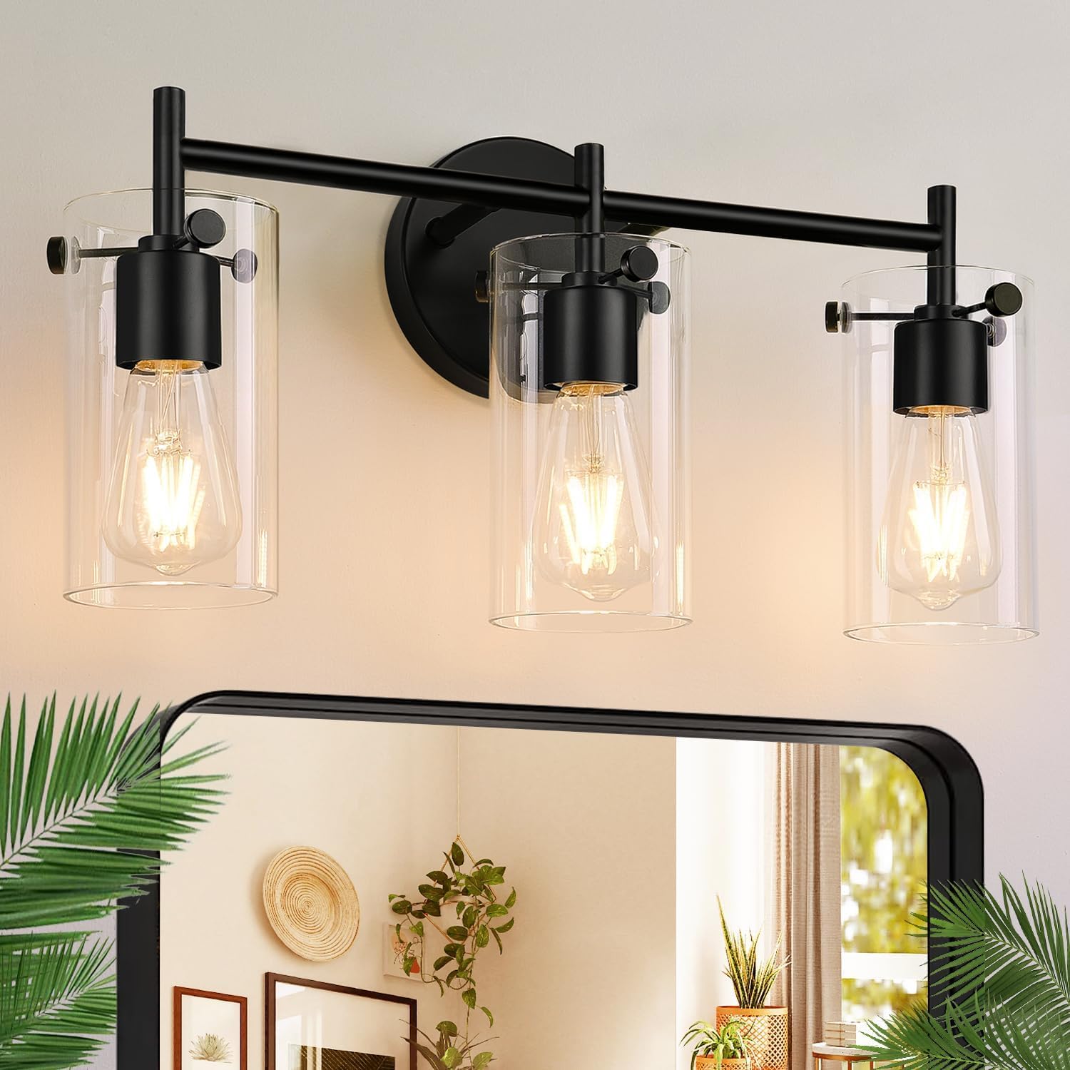 Bathroom Light Fixtures Upgrade, 3-Light Matte Black Vanity Light, Black Bathroom Lights Over Mirror with Clear Glass Shade, Wall Sconces for Mirror Bedroom Living Room Hallway