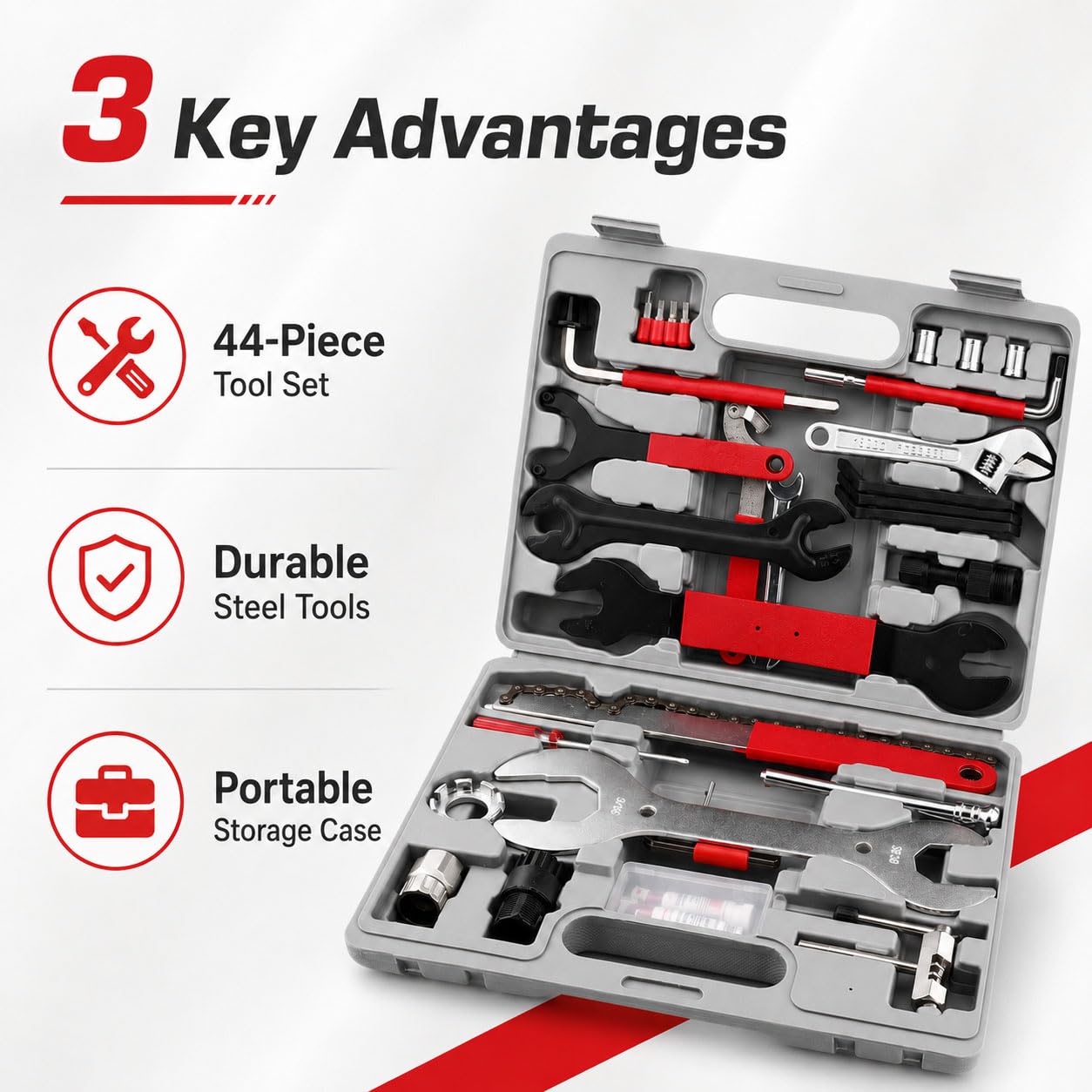 44 Pcs Kit de Réparation Vélo pour 3T | Outils Entretien Vélo | Multifonctionnel Portable Accessoires Route Atelier Maison Cyclisme | Avec Mallette de Rangement