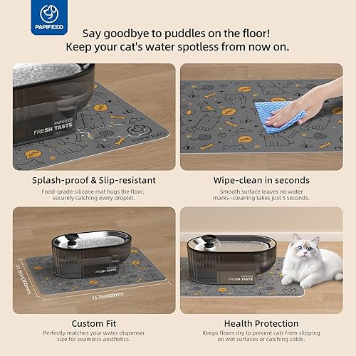 Miniatura 9 de PAPIFEED Fuente de agua para gatos + bandeja de acero inoxidable (negro+5 filtros+2 esponjas, tapete)