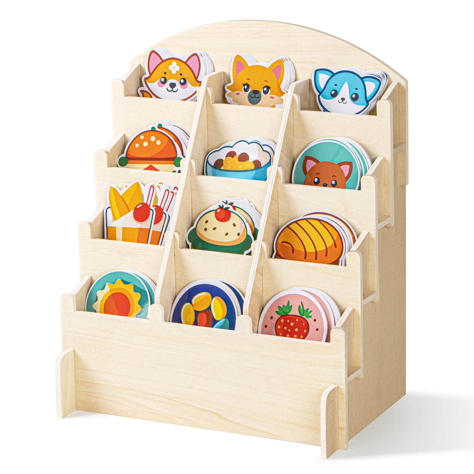 PUERSI Wooden Sticker Display Stand, 4-Tier Sticker Holder Display Organizer Rack for Bookmark, Brochure, Coaster, Vendors, Retail, Beige