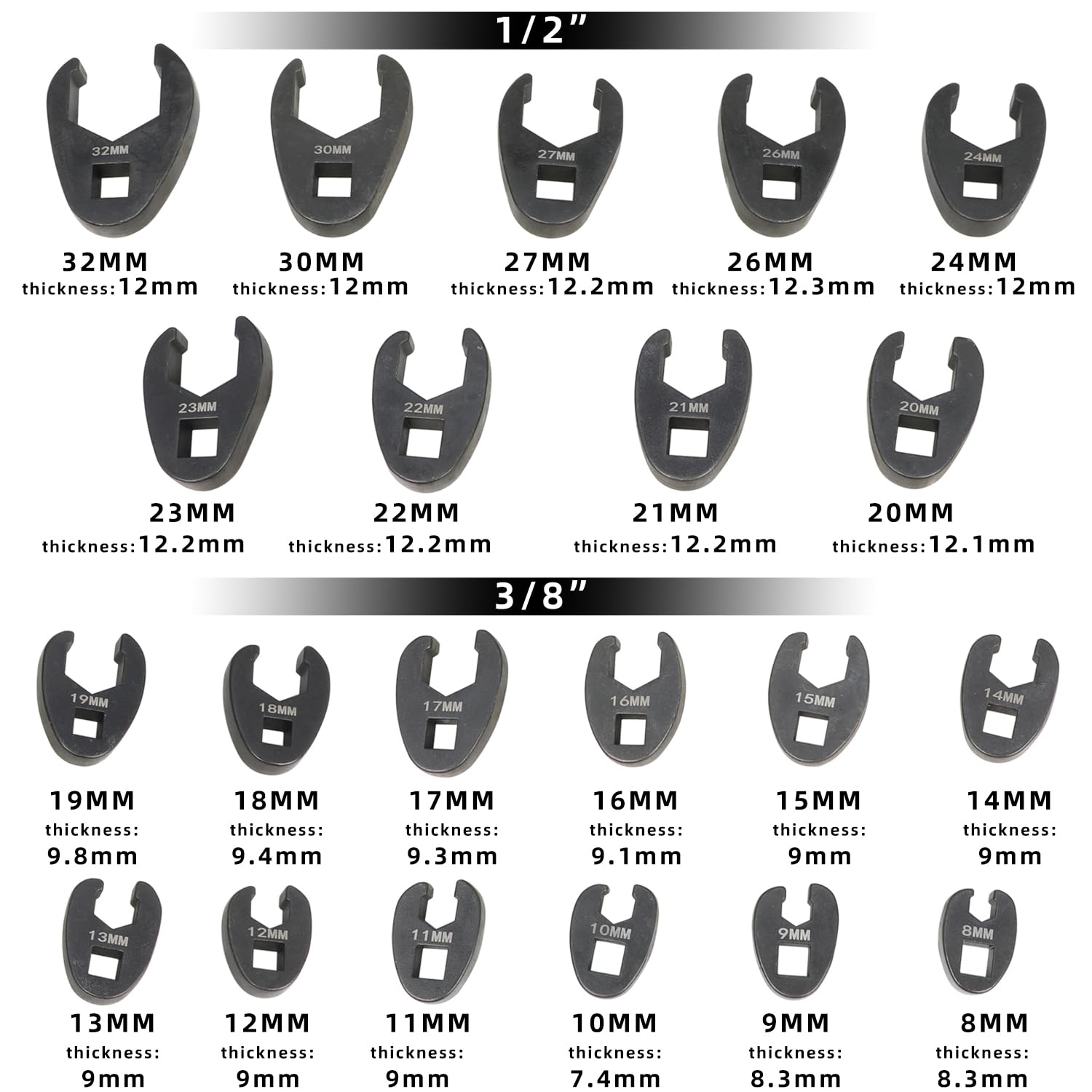DPTOOL Jeu de 21 clés à pied d'oie 1/2" et 3/8" - Lot de clés métriques 8-32 mm à 6 points pour enlever les écrous des zones difficiles d'accès