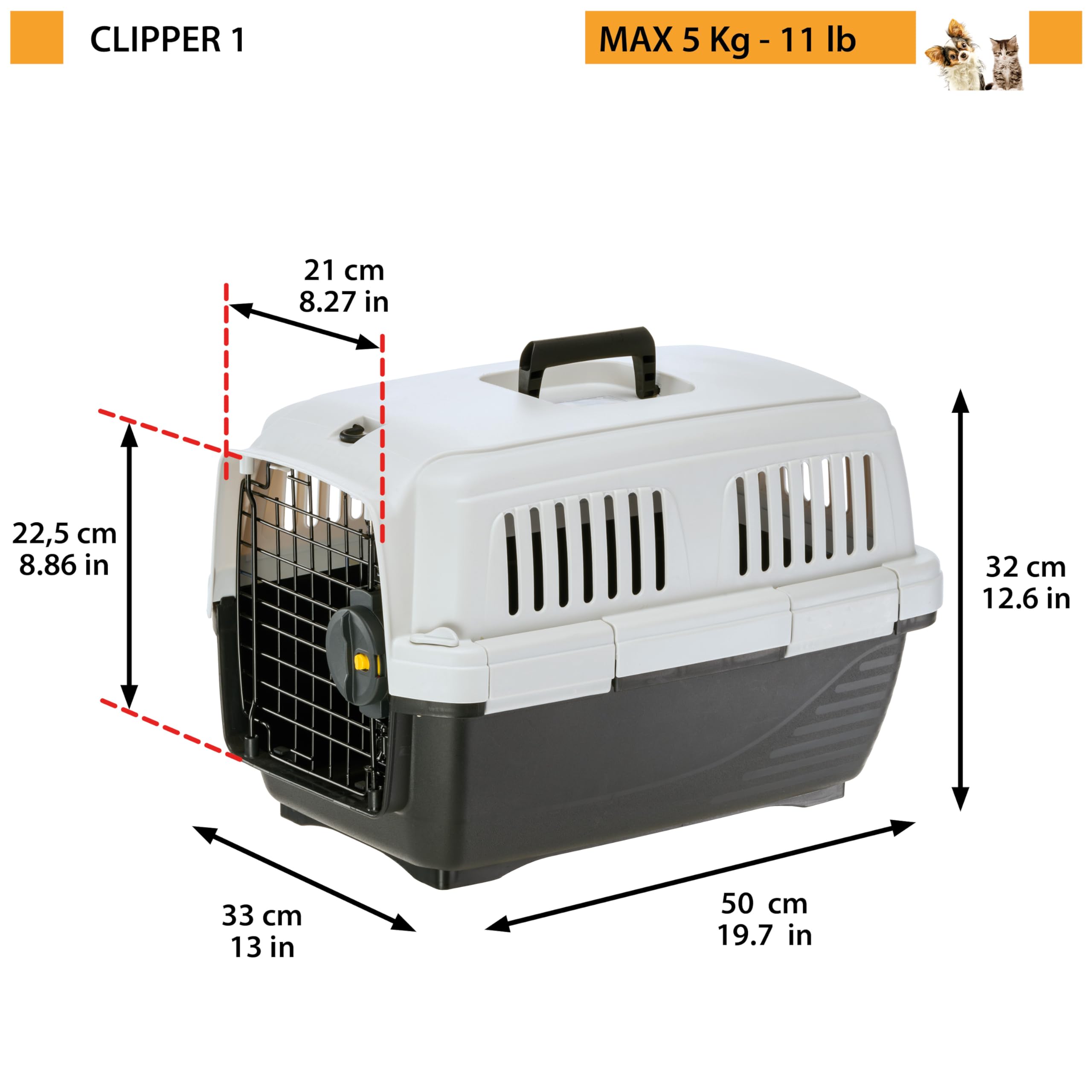 Ferplast Caisse de Transport Chat CLIPPER 1, IATA, Cage de Transport pour Petits Chiens et Chats max 5 Kg, Boite Transport, Voyage Animaux Voiture Avion Train, 50 x 33 x h 32 cm, Porte en Acier