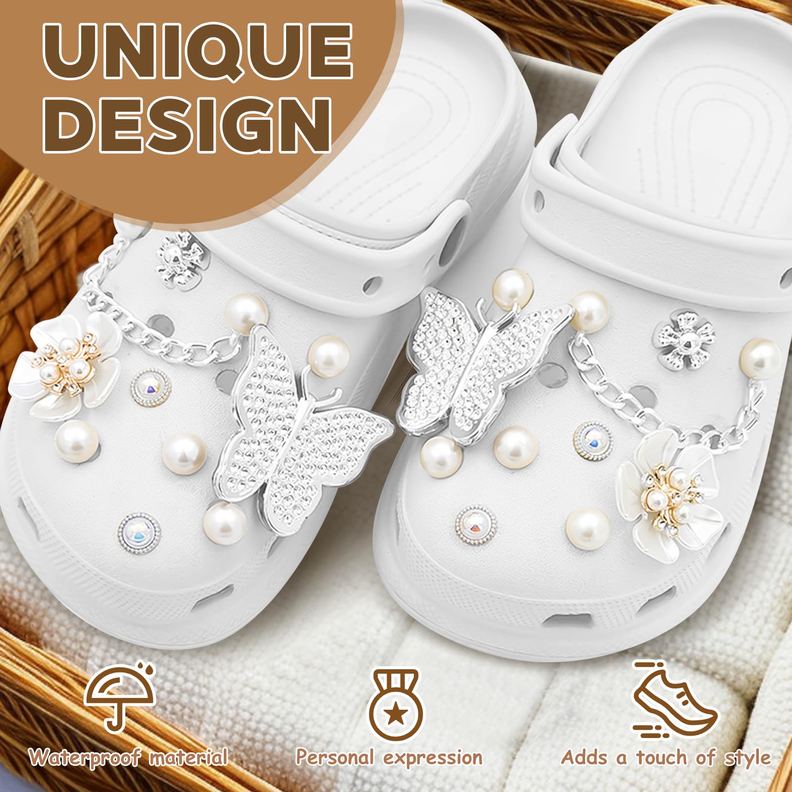 20 sztuk Crocs Ornamenty, Charms Crocs z perłowymi łańcuchami, Pin Crocs Motyle Deco, Kwiaty Croc Pin, Zdejmowane DIY Akcesoria Croc dla kobiet Dorosłych
