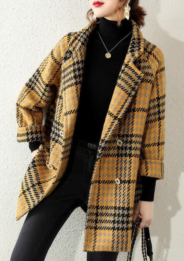 chouyatou Women Winter Notch Lapel Wool Blazer Trench Coat Plaid Double Breasted Business Causal Peacoat4