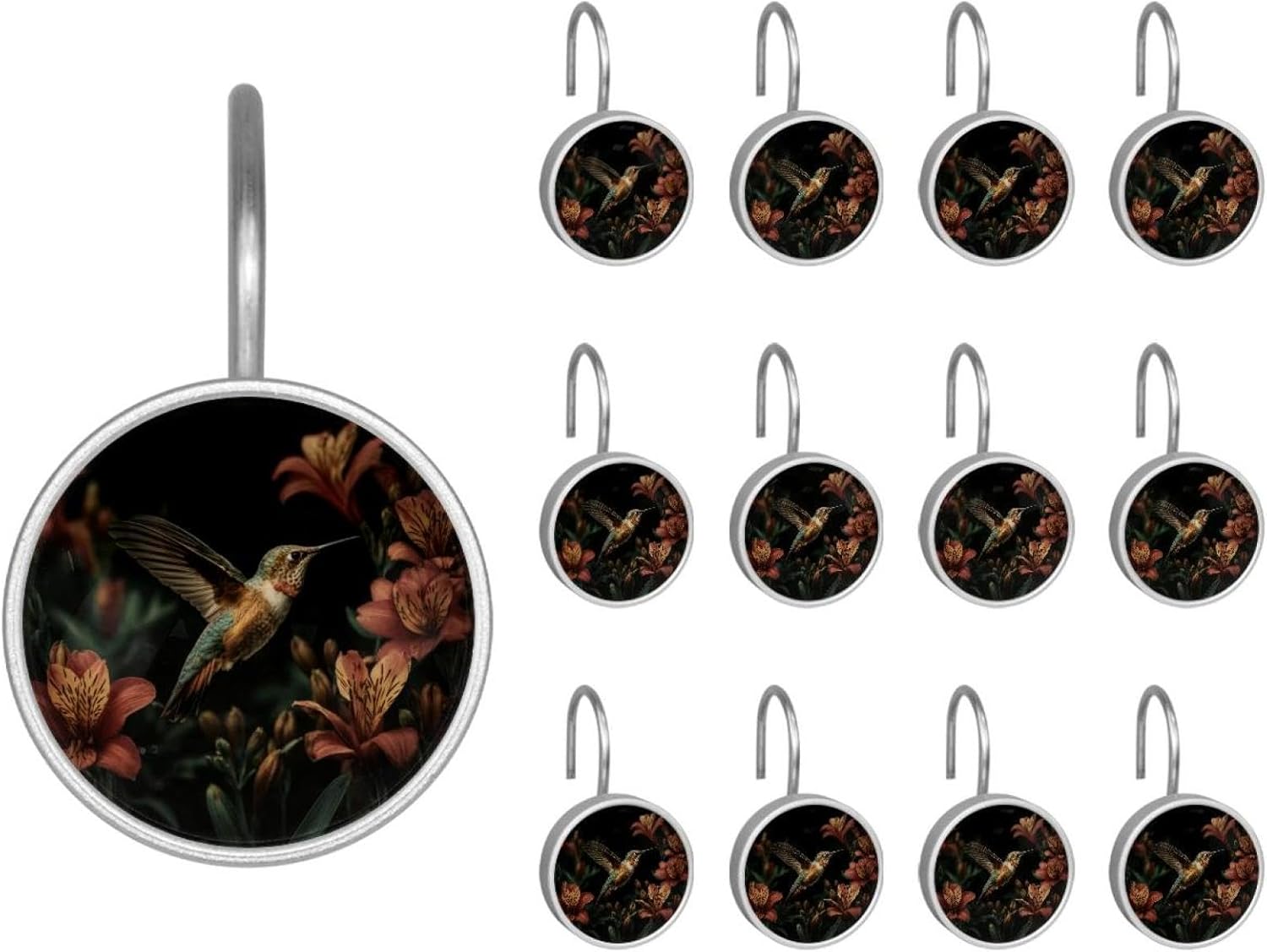 Hummingbird and Flowers Rolling Shower Curtain Hooks,Clear Crystal Glass Art Decorative Stainless Bath Bathroom Set 12 Pcs