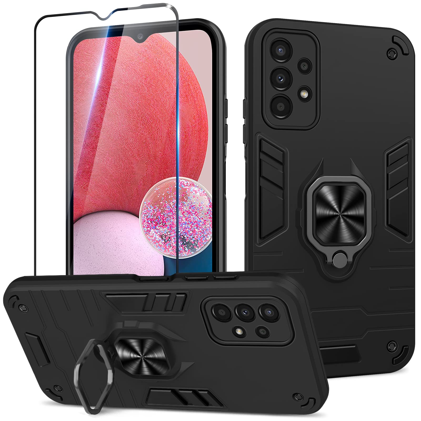 Funda para Samsung Galaxy A13 4G con Cristal Templado Protector Pantalla, Carcasa Antigolpes con Soporte anular metálico, Case Protectora de Grado Militar, Negro