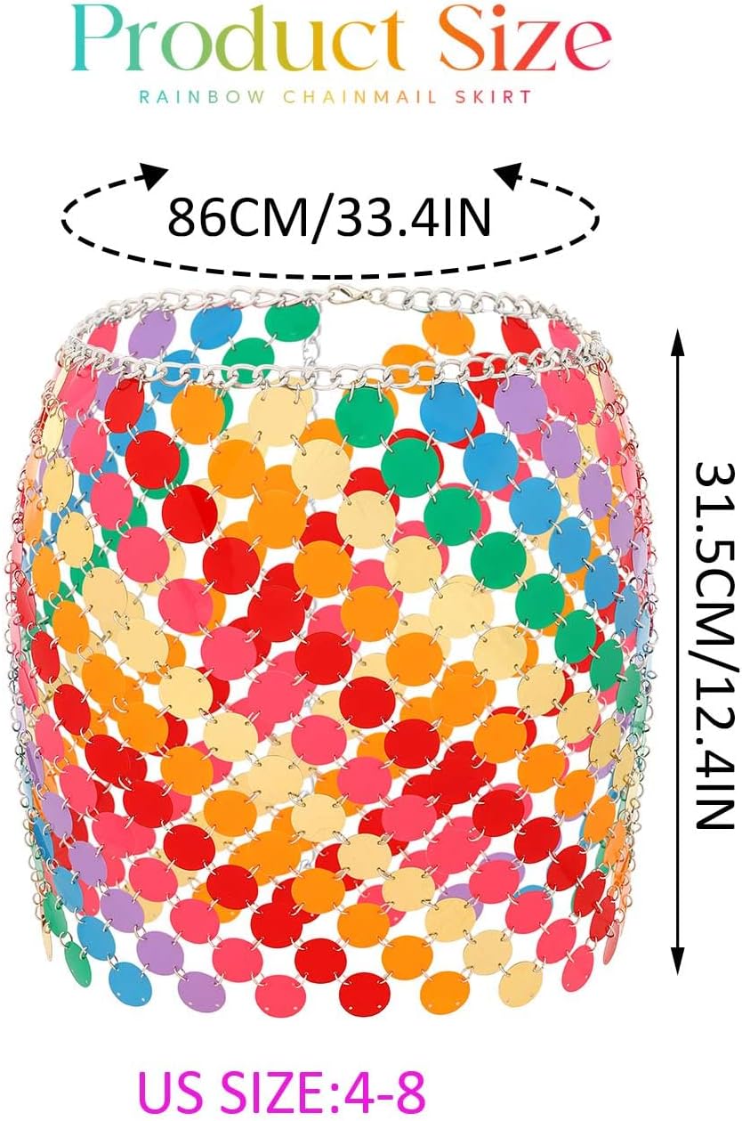 Aukmla Women Sequin Rainbow Chainmail Mini Skirt Sparkly Dots Belly Dance Hip Skirts Rave Waist Chain