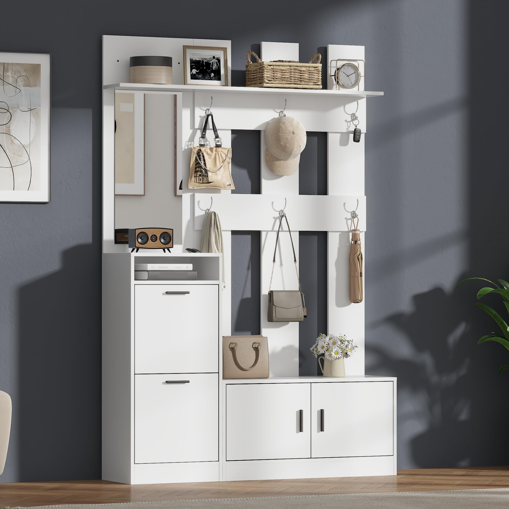 Garderoben-Set mit Schuhschrank, Spiegel und Kleiderhaken, Flurgarderobe Set mit Ablagefläche, Wandgarderoben Set für Eingangsbereich, Weiß, 120x30x180 cm