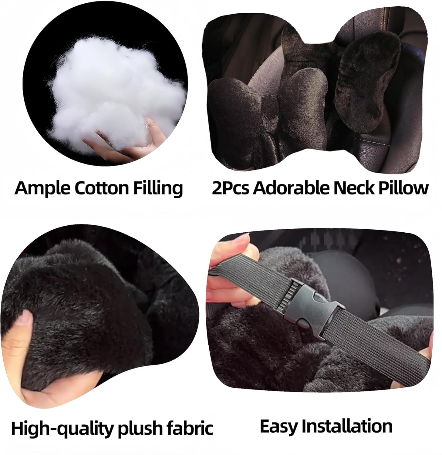 Car Neck Pillow 2PCS Plush Bowknot Car Headrest Pillow – Comfortable Neck Support for Driving Soft Touch Fabric Car Pillow Cute Interior Decor (Black) thumbnail