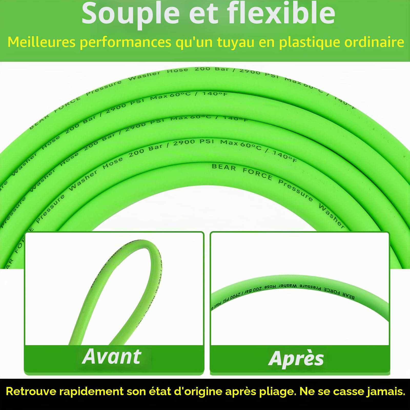 Tuyau de rechange super flexible pour nettoyeur haute pression - 10 m - 200 bar - Tuyau résistant aux torsions pour nettoyeur Kär-Cher K Series - Pour Kar-Cher K2-K7 - Connecteur rapide - Accessoires