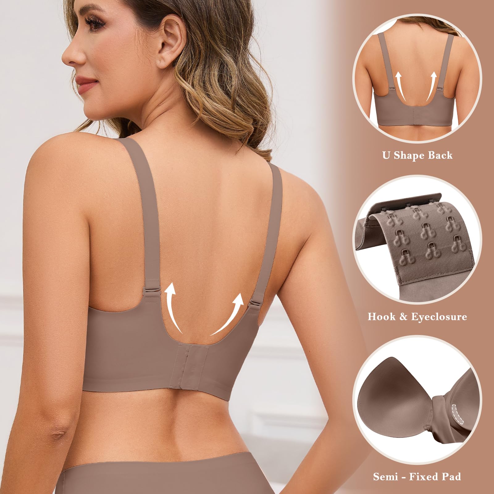 TOMEEK Donna Reggiseno Senza Ferretto Senza Cuciture Reggiseno Donna Comodo Push Up Scollo a V Pizzo Reggiseno Imbottito Bralette Cinghie Regolabili Invisibile