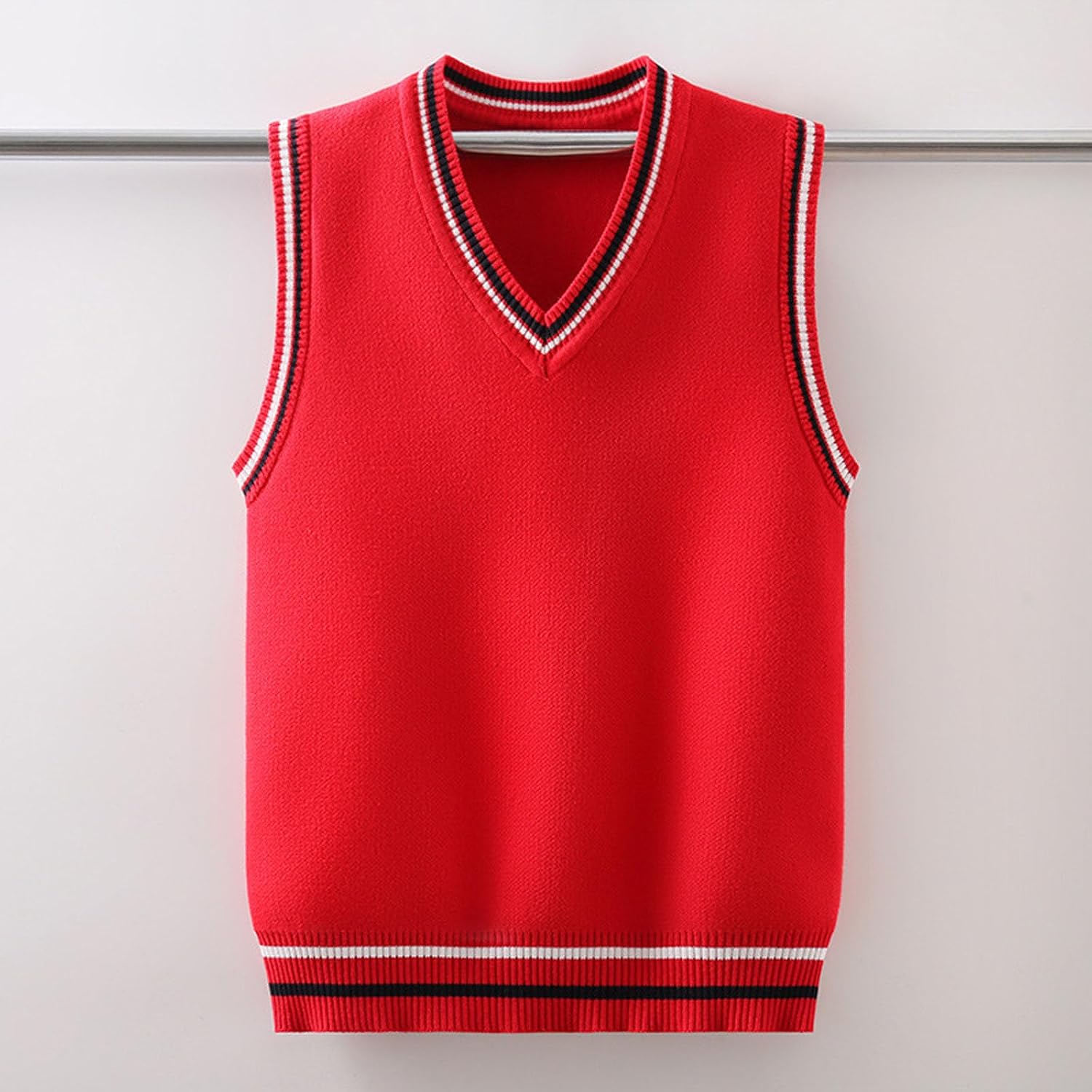 Oplxuo Boys Girls V Neck Knit Sweater Vest Striped Trim Sleeveless Pullover