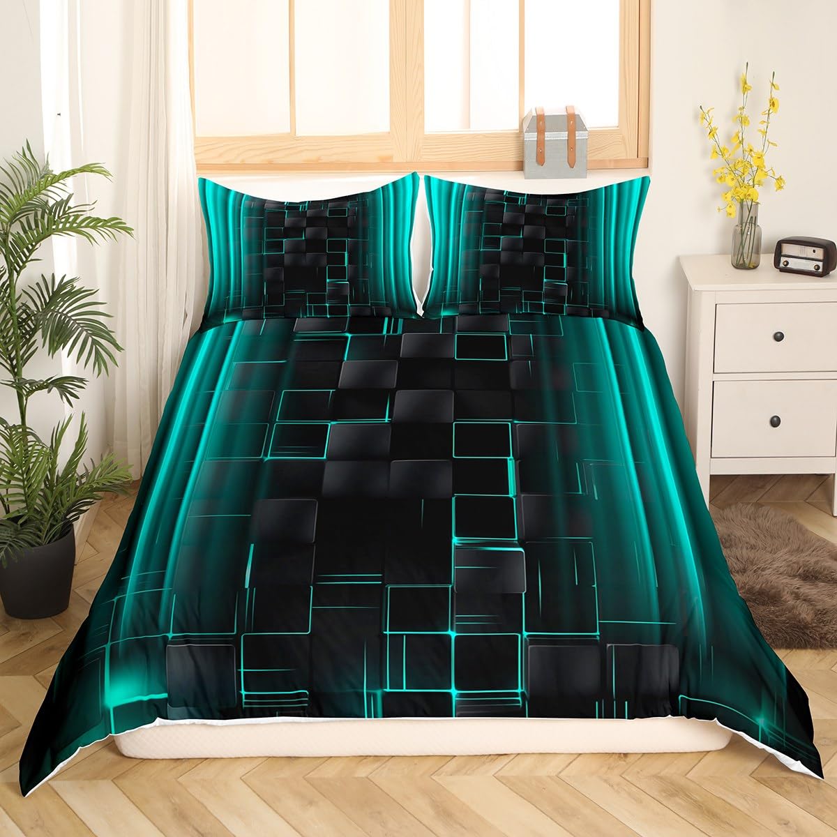 Manfei Teal and Black Duvet Cover Set Single Size, Abstract Ombre Comforter Cover - Image 3