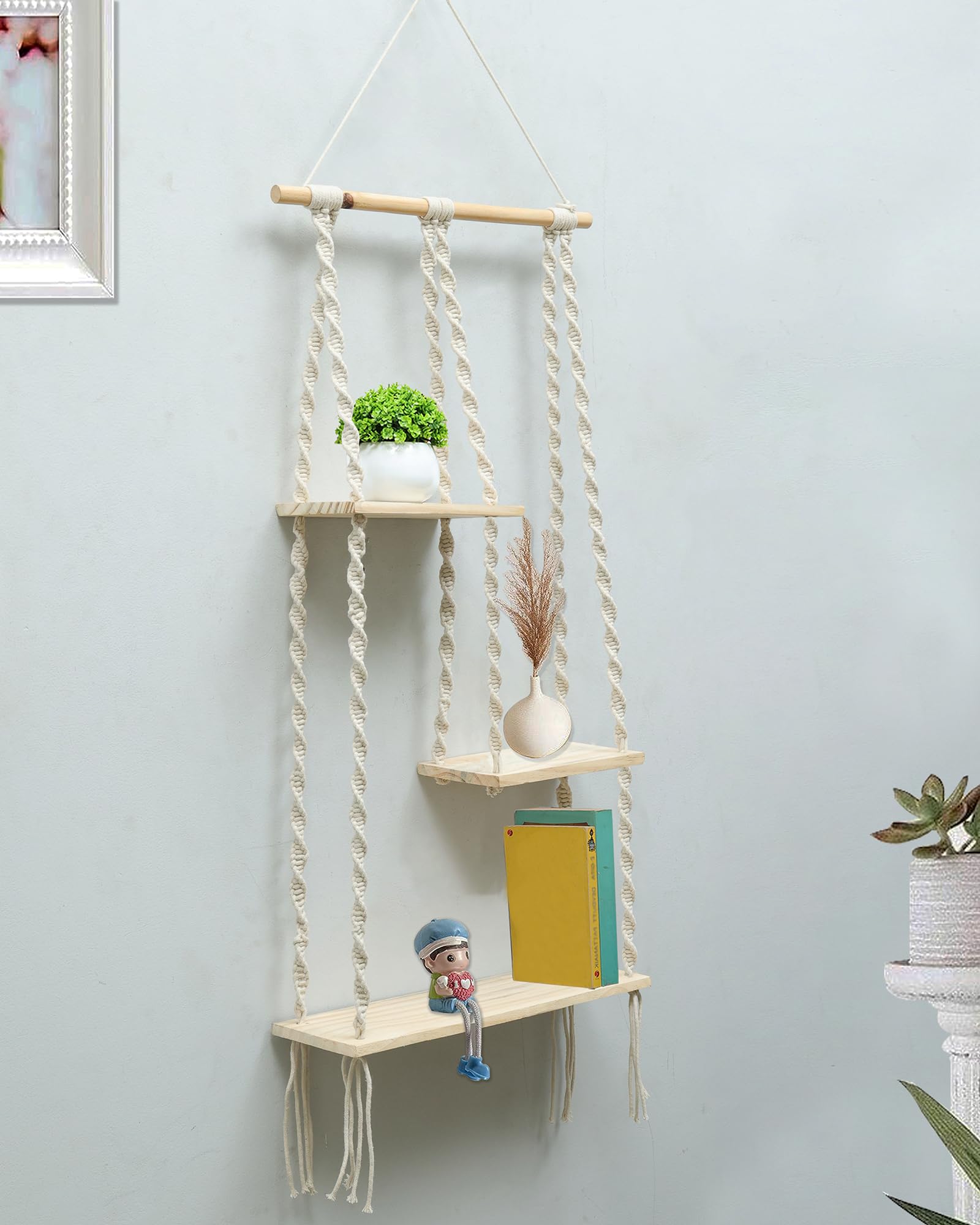 Homesake® "Macrame Hanging Shelf, Pine Wood Wall Shelves with Handmade Woven Hanger, 3 Tier Rope Floating Shelf for Photo Frames, Small Plants, Boho Home Decor Kitchen, (White)-image-42