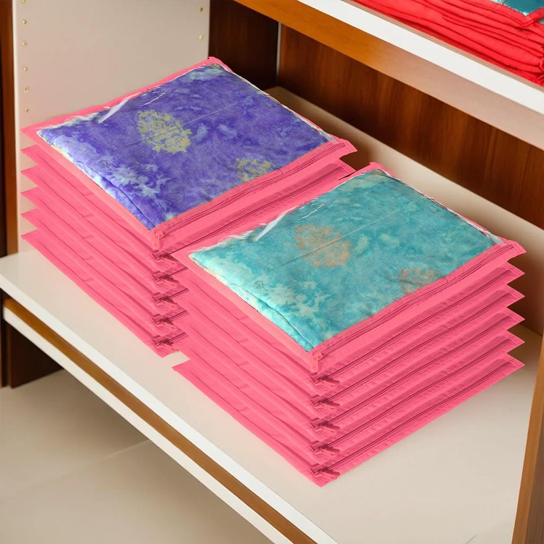 Non-Woven Foldable Saree Covers With Zip| Single Saree Storage Bags |Clothes Organiser For Wardrobe |Transparent Top With Premium Zipper|Pack Of 12 (Pink)