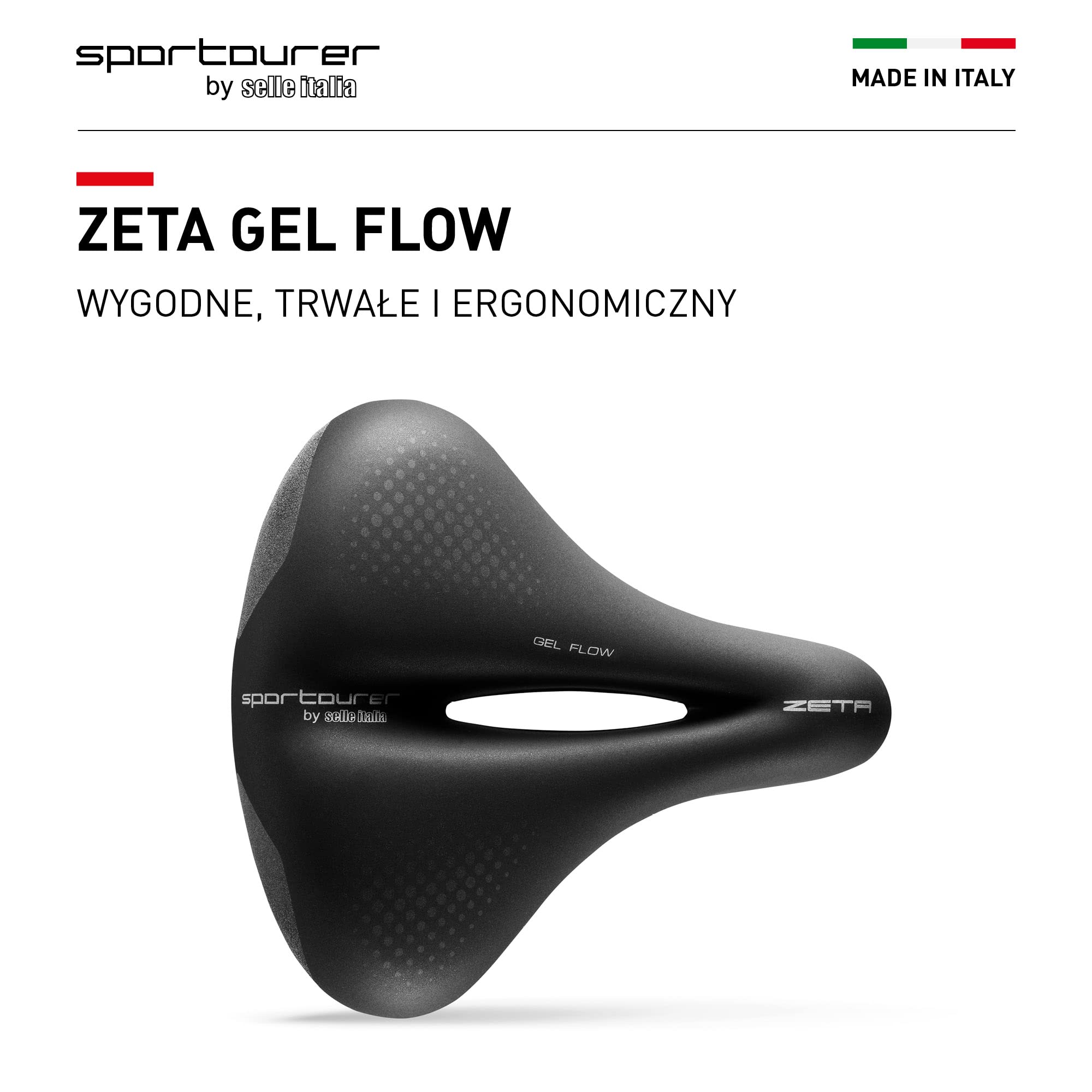 Sportourer by Selle Italia ZETA Comfort Gel Flow – Siodełko Miejskie, Żelowe, Ergonomiczne, Hi-Viz, Wodoodporne – Czarny