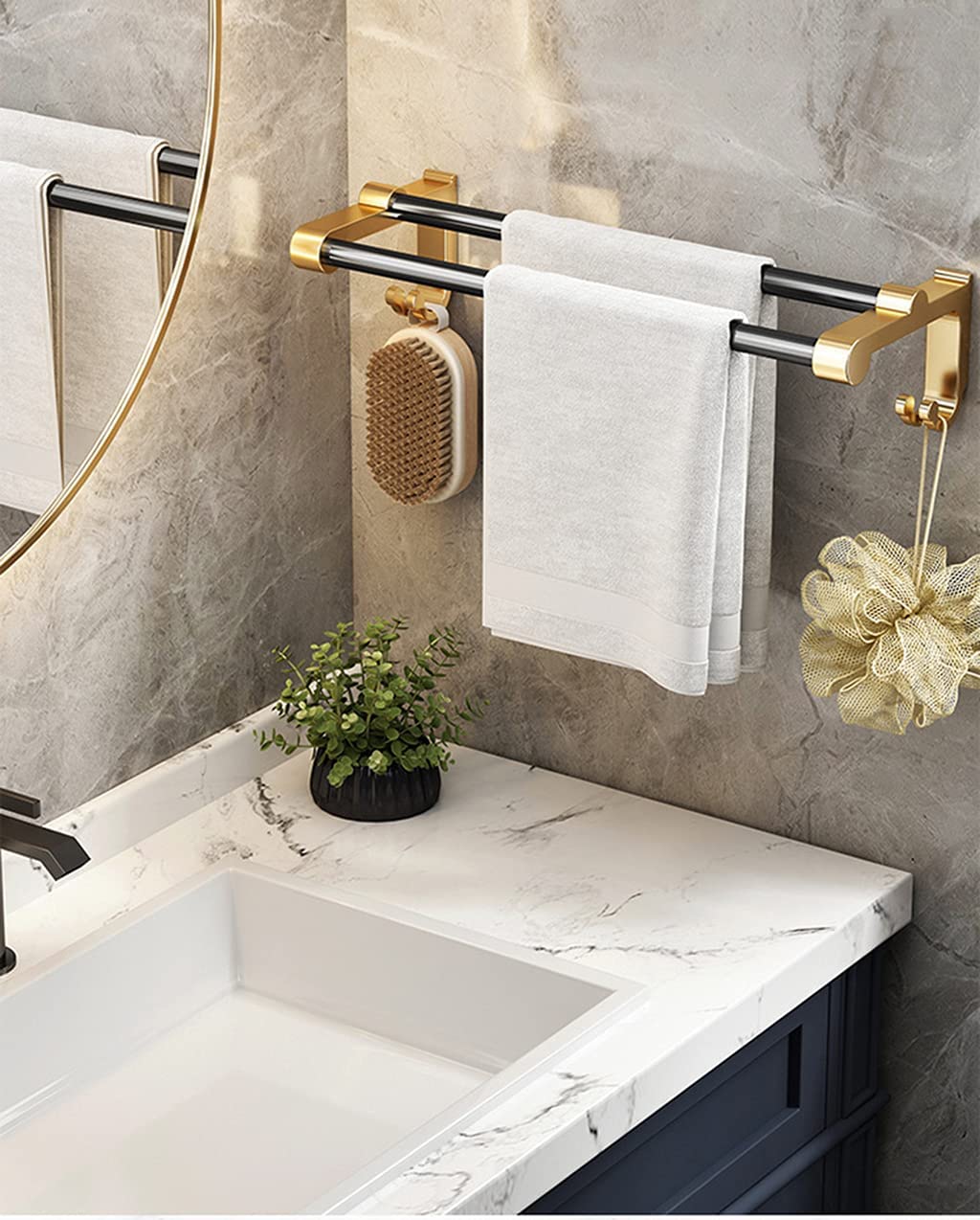 Genérico Toallero Toallero Doble Toallero de Pared Multifuncional Toallero de Dos Brazos 60 cm con Gancho Aluminio Baño Negro Dorado