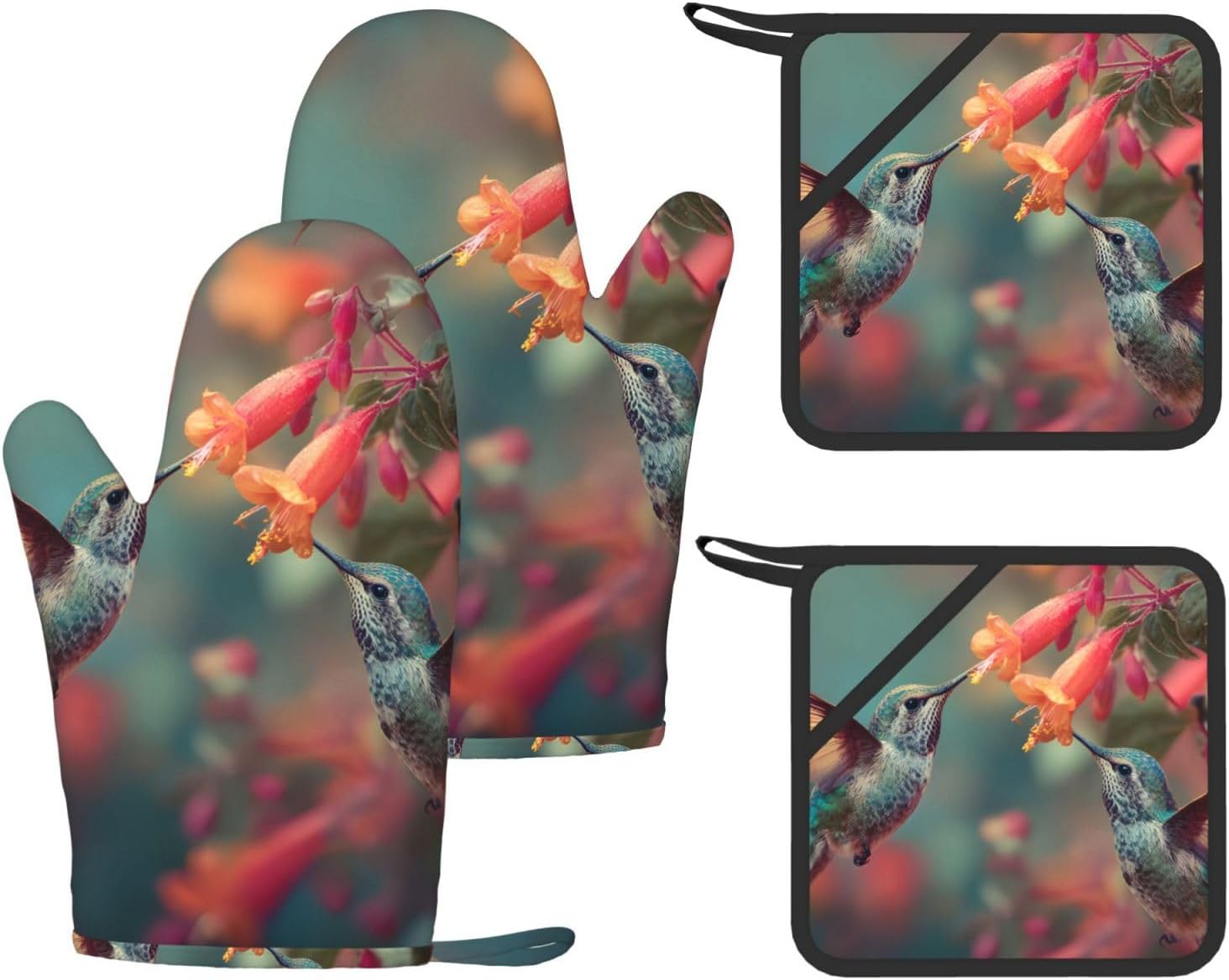 Hummingbirds Feeding On Nectar 4pcs Oven Mitts and Pot Holders Sets for Kitchen, Silicone Oven Gloves Non-Slip Potholders Hot Pads for Baking Cooking