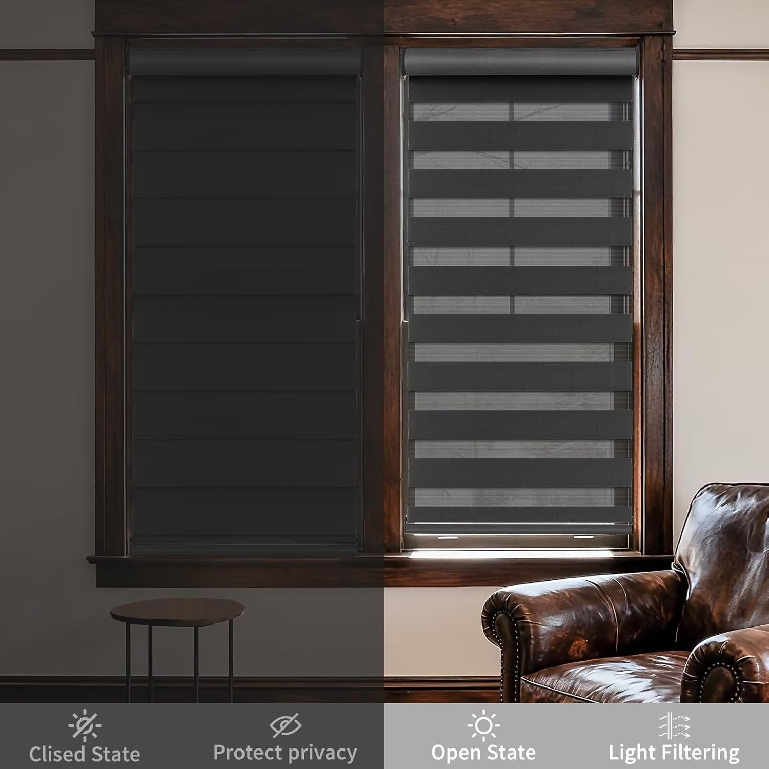 MYshade Cordless Zebra Blinds with Free-Stop Function - Dual Layer Light Filtering & Privacy Sheer Shades for Day and Night - Easy Install Window Shades for Home, Living Room, 28" W x 64" H,Black