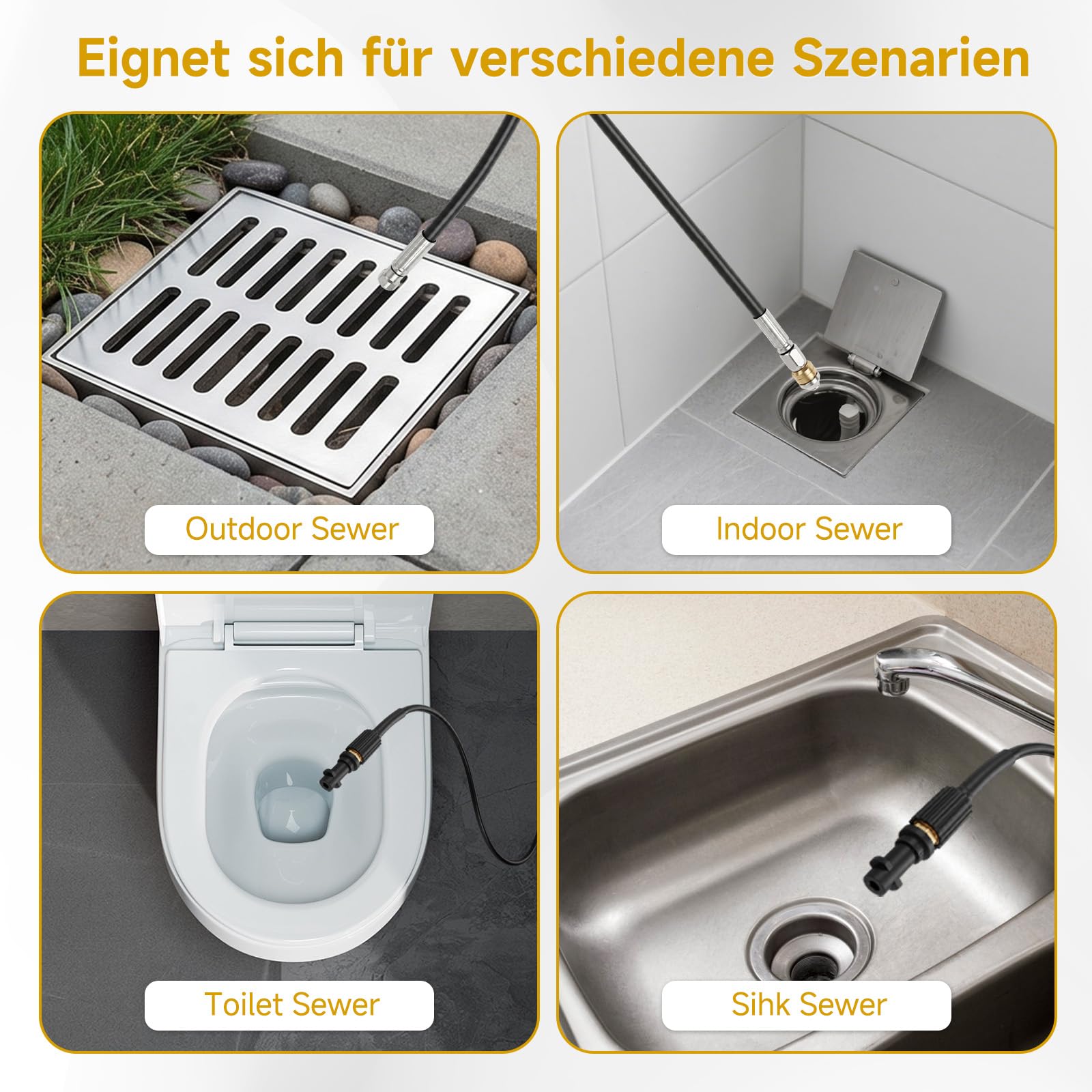 Rohrreinigungsschlauch set 15 Meter, M22 Adapter, Tasche mit Adapter, Düsen starr + rotierend, 240bar 60°C Rohrreinigungsset Geeignet für Kärcher K2, K3, K4, K5, K6, K7 Hochdruckreiniger