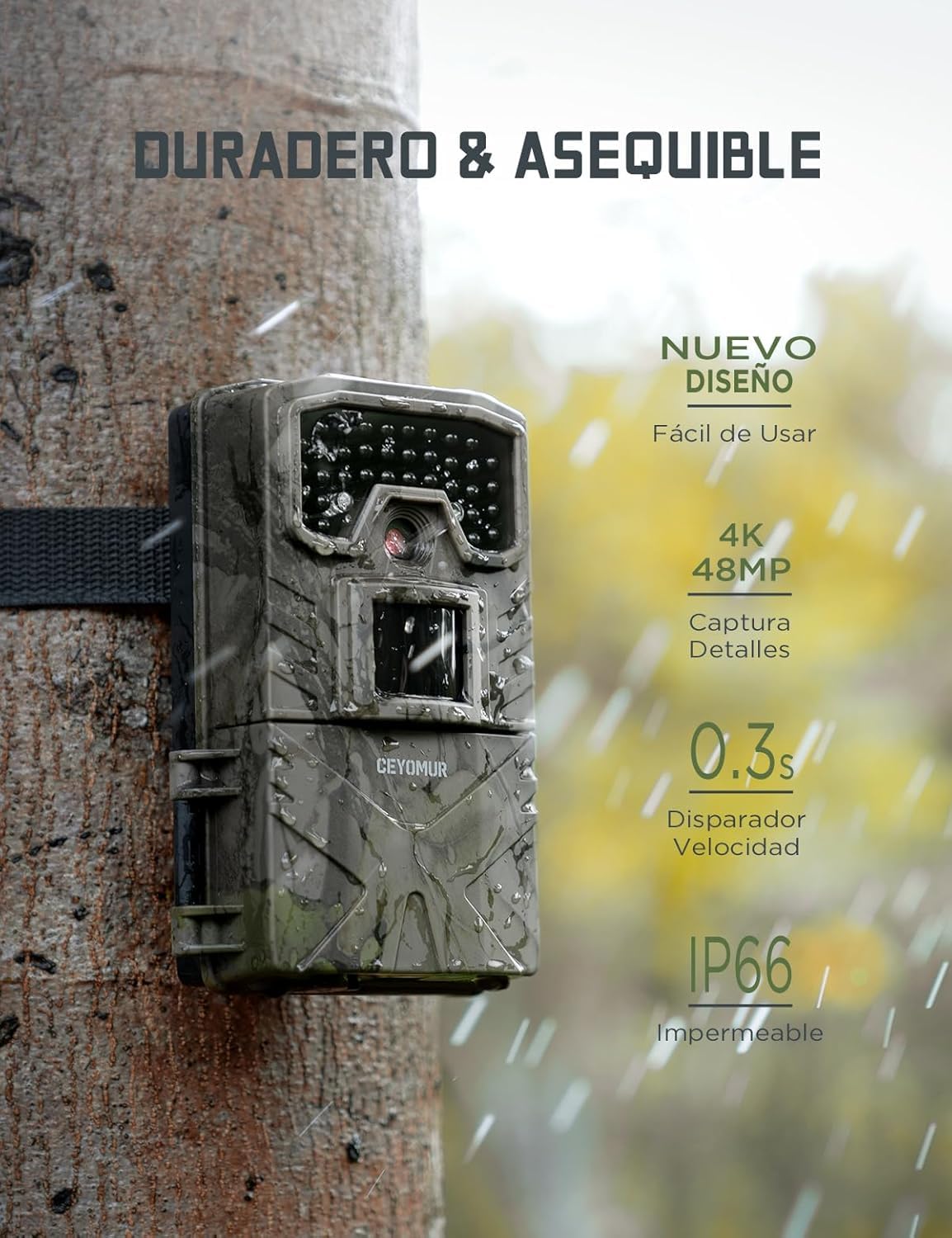 CEYOMUR Cámara de Caza 4K 30fps, 48MP Camara Fototrampeo con Visión Nocturna, Diseño de Temporizadorn, IP66 Prueba de Agua para Monitoreo de Vida Silvestre y Vigilancia del Hogar