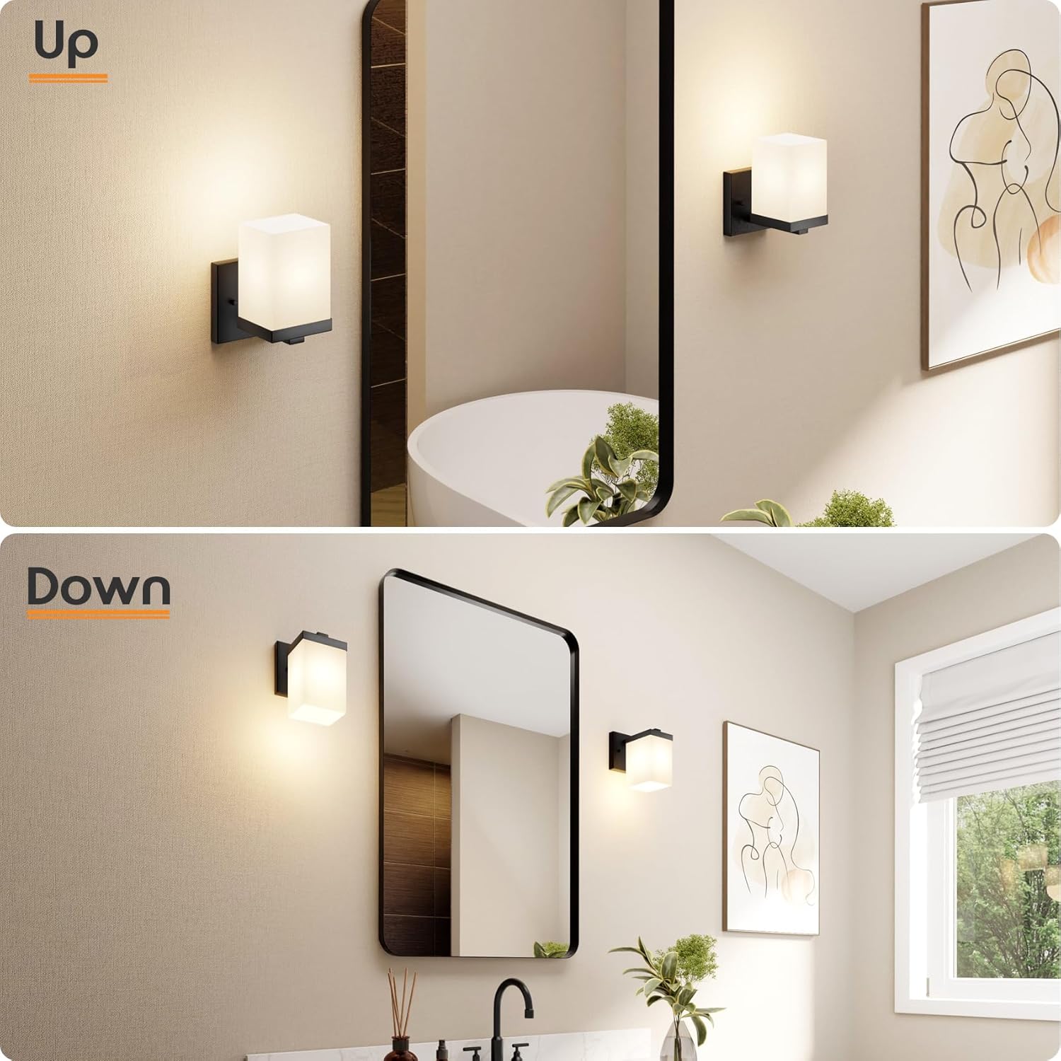 Wall Lights Matte Black Bathroom Vanity Lighting Fixtures Over Mirror with White Frosted Glass Shade, Wall Lamps for Porch Entrance, 2 Pack T003MB-L1-P2