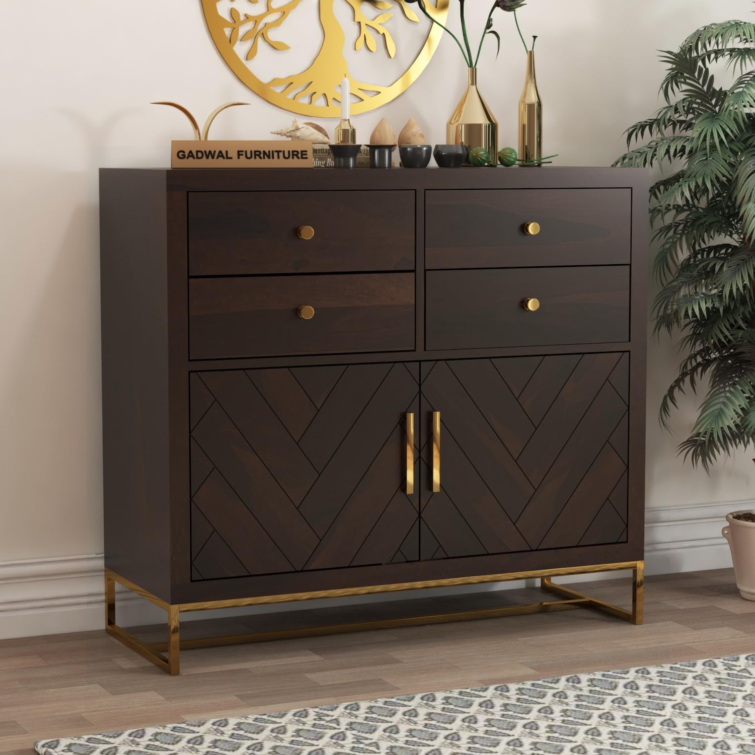 GADWAL FURNITURE Solid Sheesham Wood Wooden Cabinet Chest of Drawers Sideboard with 4 Drawers and 2-Door Storage (Walnut)-picture-23