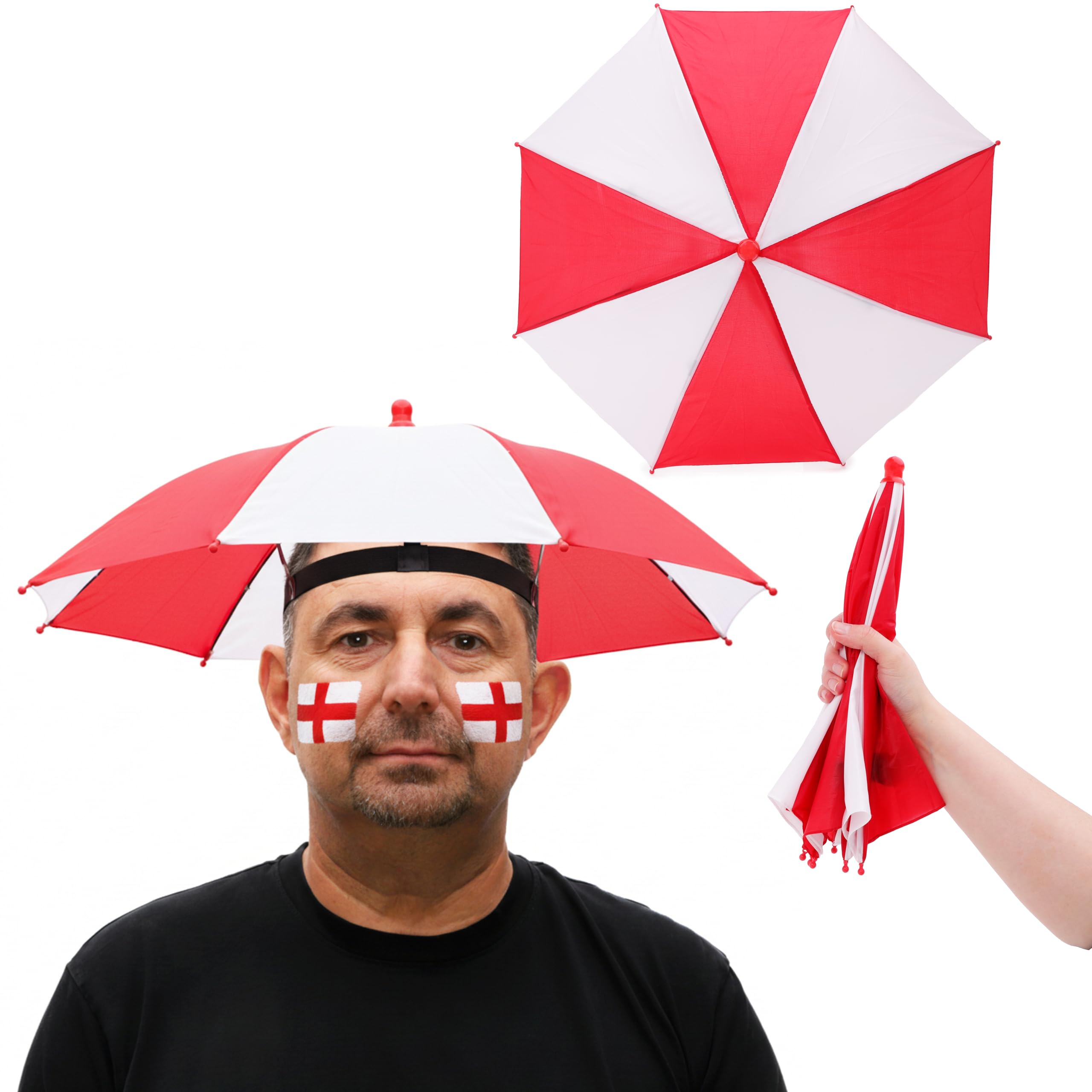 Toyland® 50cm (20”) England Red & White Umbrella Hat – Hands-Free Adjustable Folding Parasol for Rain & Sun Protection, Ideal for Festivals, Sports Fans, Fishing & Outdoor Events, Euros & World Cup