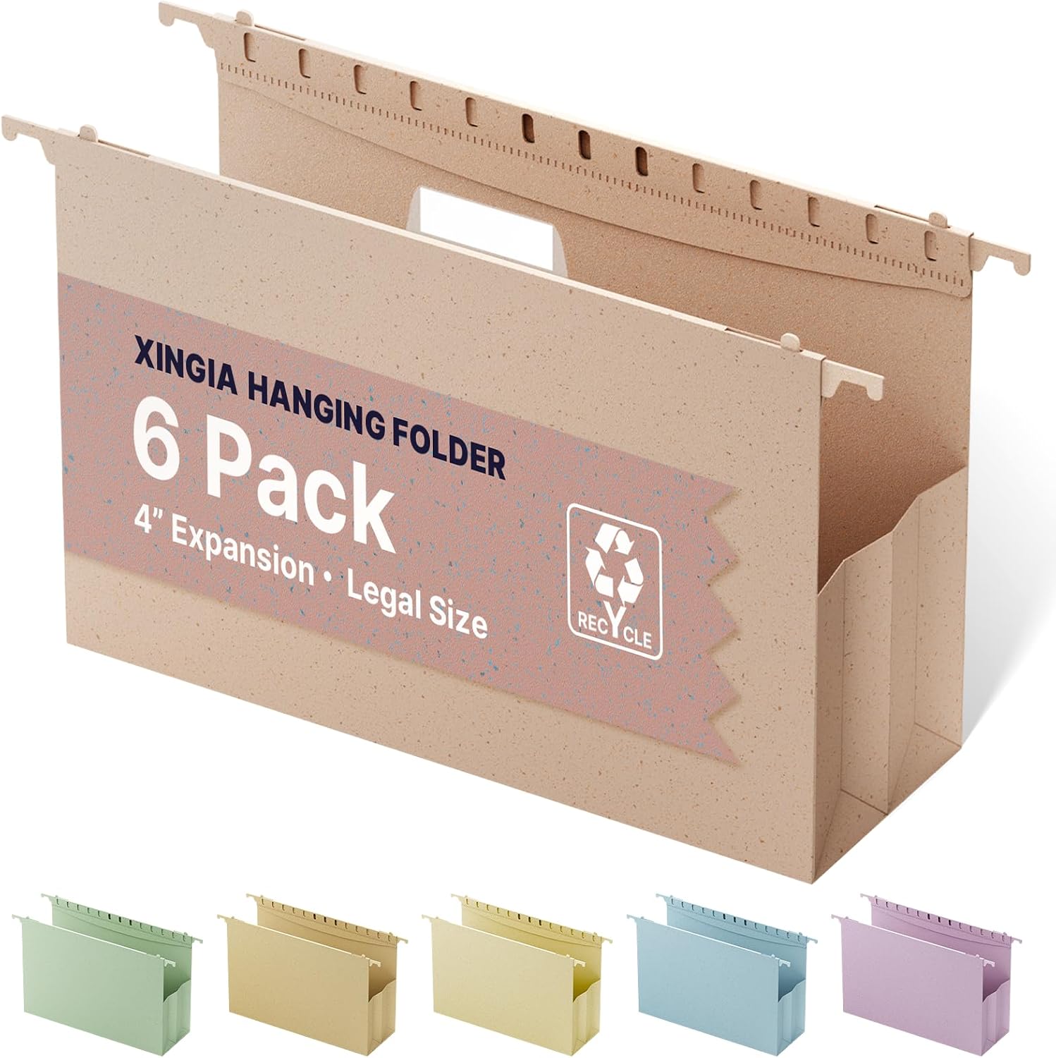 XINGIA Legal Size Hanging File Folders Extra Capacity, 4'' Expansion Pink Filing Folders with Tabs,6 Pack Wheat Straw Reinforced File Organizer,Expandable File Cabinet Organizer for Office School Home