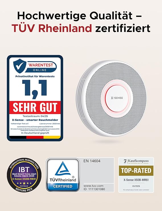 X-Sense XS0B-MR61 Smart Smoke Detector WLAN with Voice Output and 17 Locations Fire Detector Networked Smoke Detector 33 mm Fire Alarm with SBS50 Base Station XS0B-MR61
