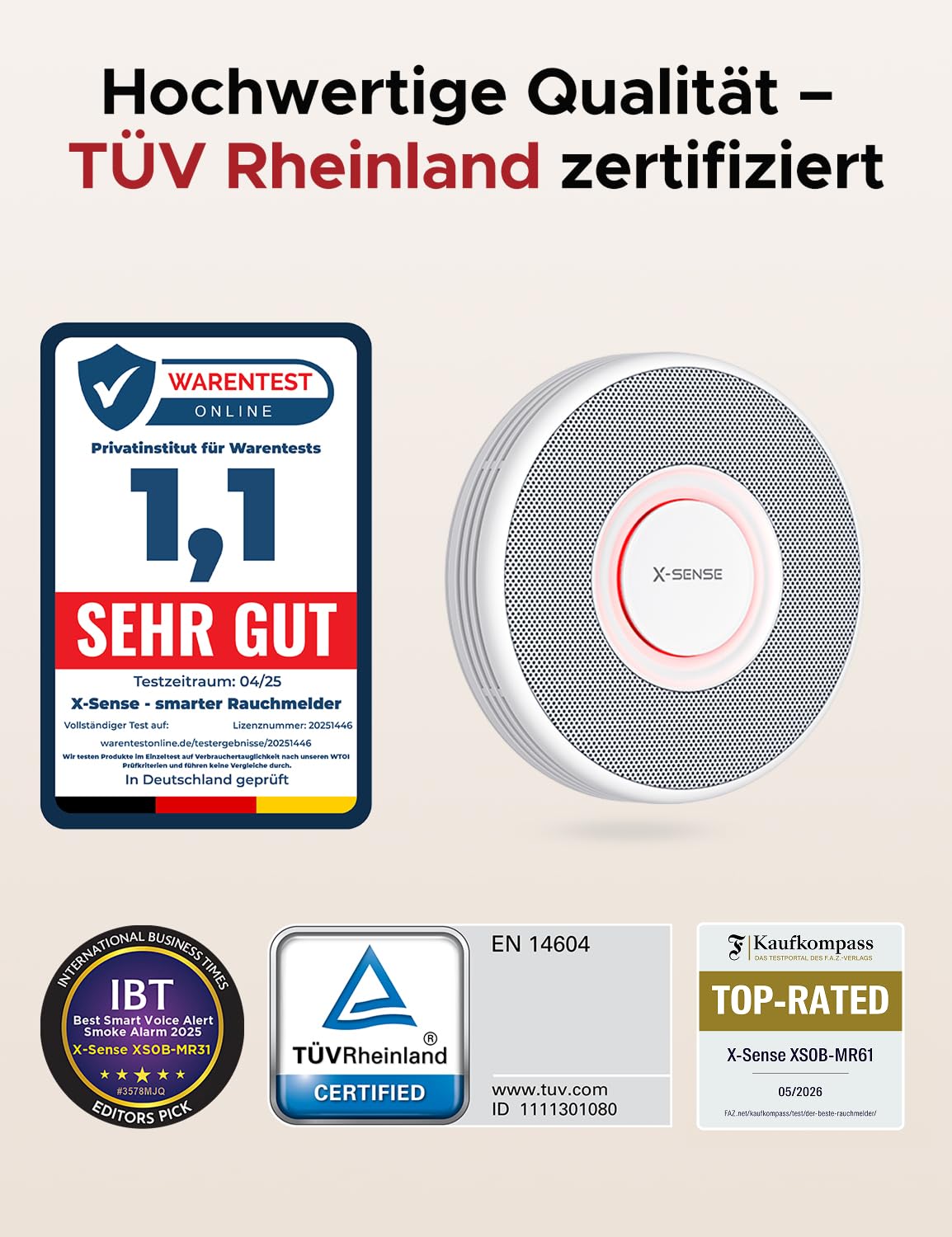 X-Sense Smarter Rauchmelder WLAN mit Sprachausgabe und 17 Standorten, Feuermelder, Rauchmelder vernetzt, 33 mm, Brandmelder mit SBS50 Basisstation, XS0B-MR61, 6 Stück