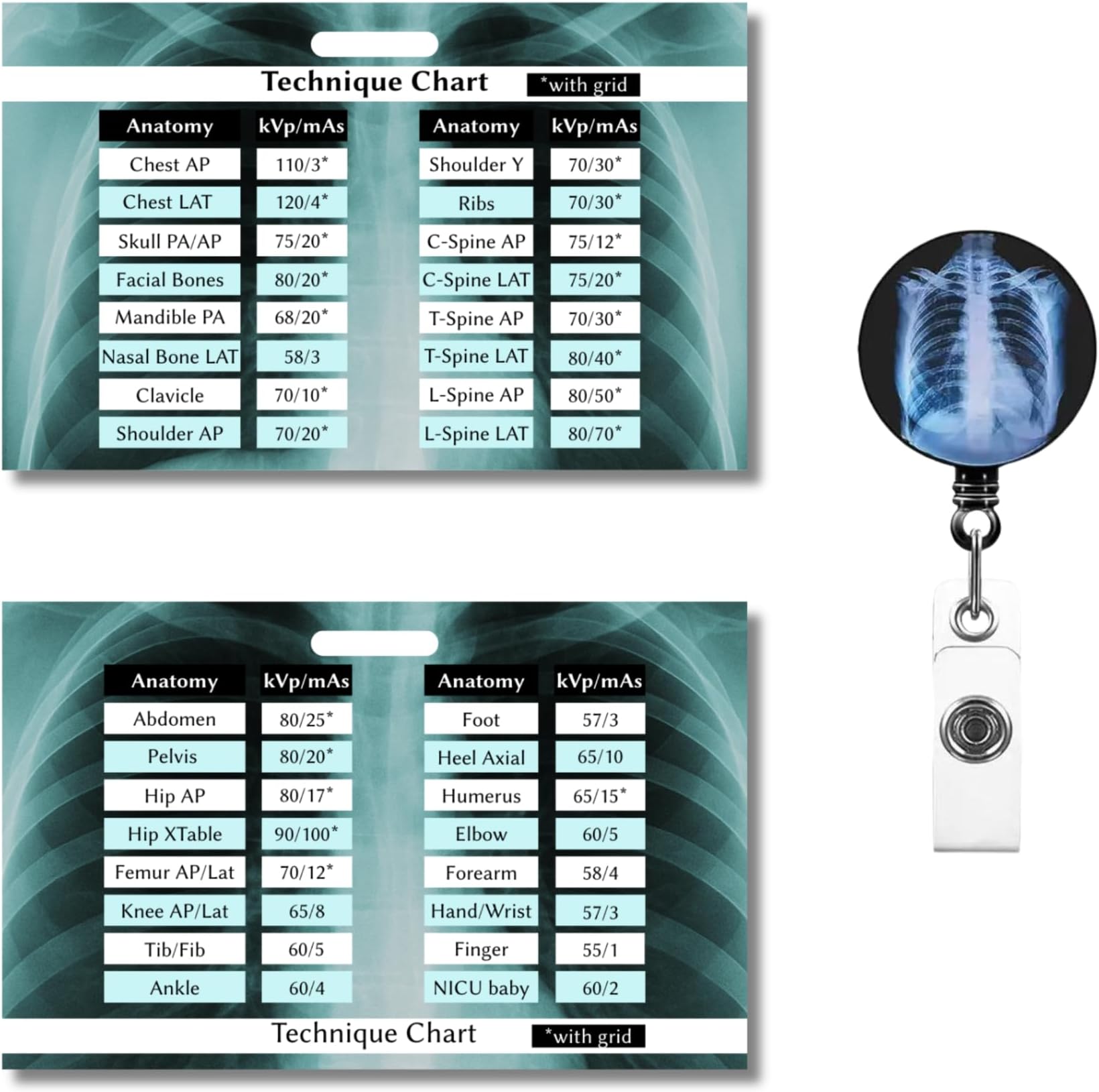 Radiology Tech Student Essentials Badge Buddy - Double-Sided Xray Technique Chart Card with kVp/mAs - Rad Tech Quick Reference Guide for Clinicals