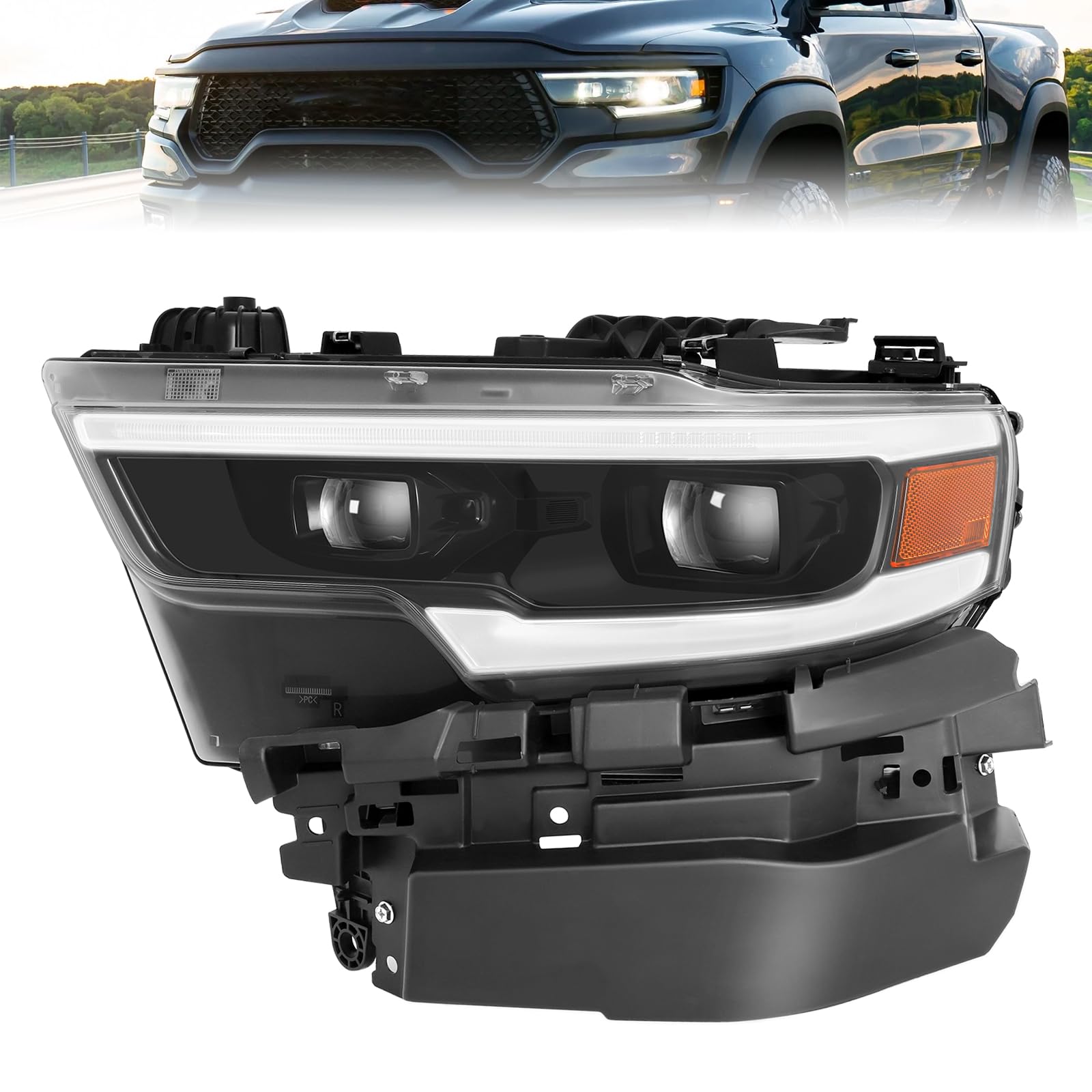 500% Brighter LED Projector Headlight Assembly with DRL Fit For 2019-2022 Dodge Ram 1500 TRX/Longhorn 2019 2020 2021 2022 Head Lamps Left Side-L