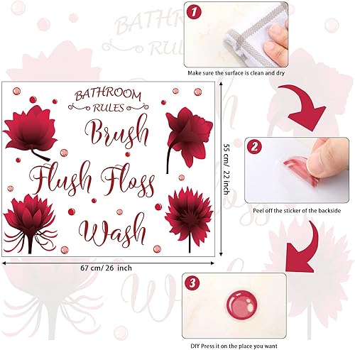 Miniatura 2 de Juego de calcomanías de pared de baño, cepillo de lavado, hilo dental, reglas de baño, decoración de pared, impermeable, letrero de flores, adhesivo