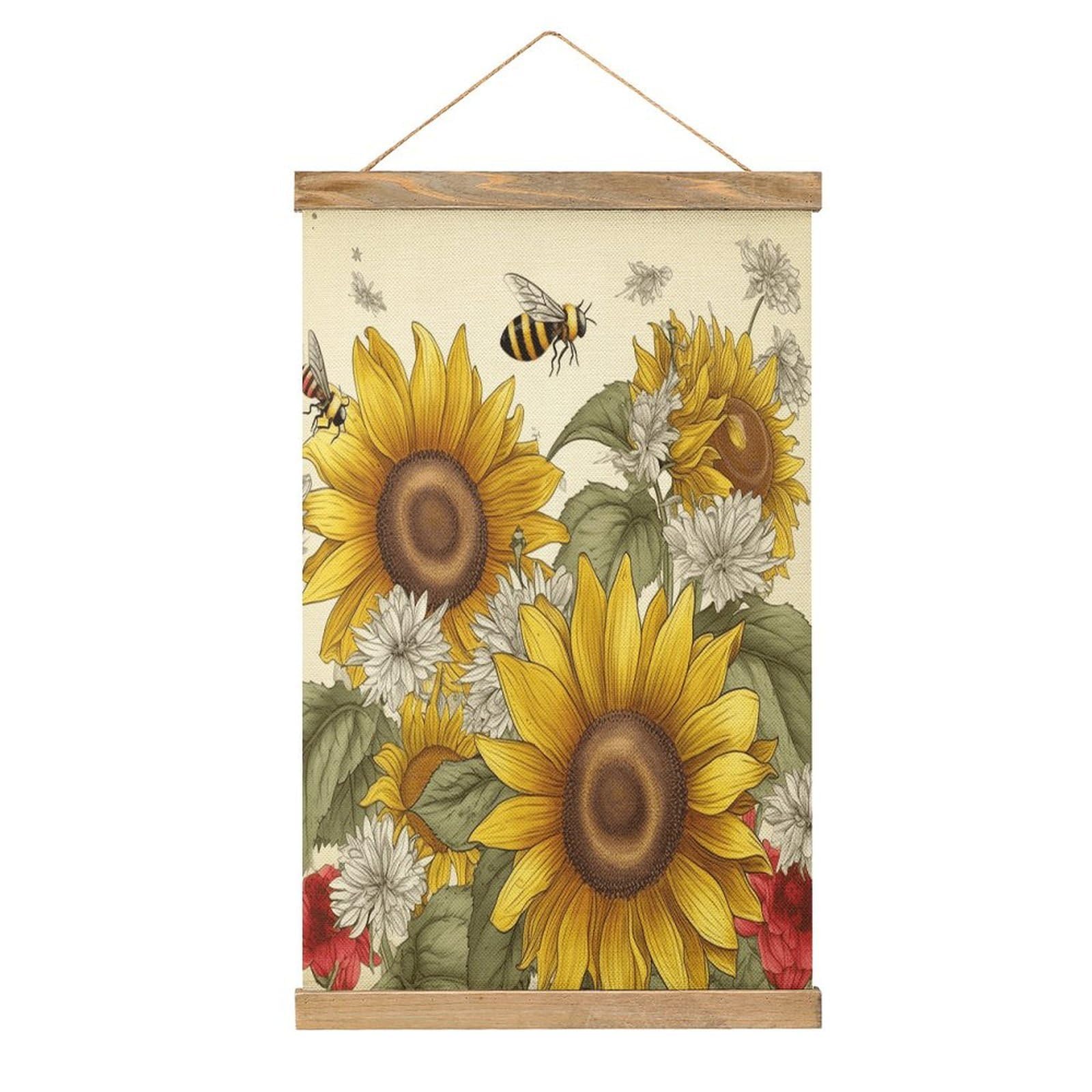 VstaDank Bees Sunflowers Daisy Rose Flowers Hanging Poster with Wooden Frame Modern Linen Hanging Painting Retro Style Wall Decor Art Painting for Living Room,Bedroom Decor Poster Frame 20.4x13.1inch