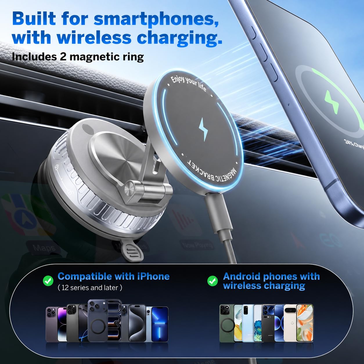 Supporto magnetico per telefono da auto con forte aspirazione a vuoto, 20 magneti N55, supporto per telefono regolabile a 360° per cruscotto e parabrezza, stabile di livello militare, universale per