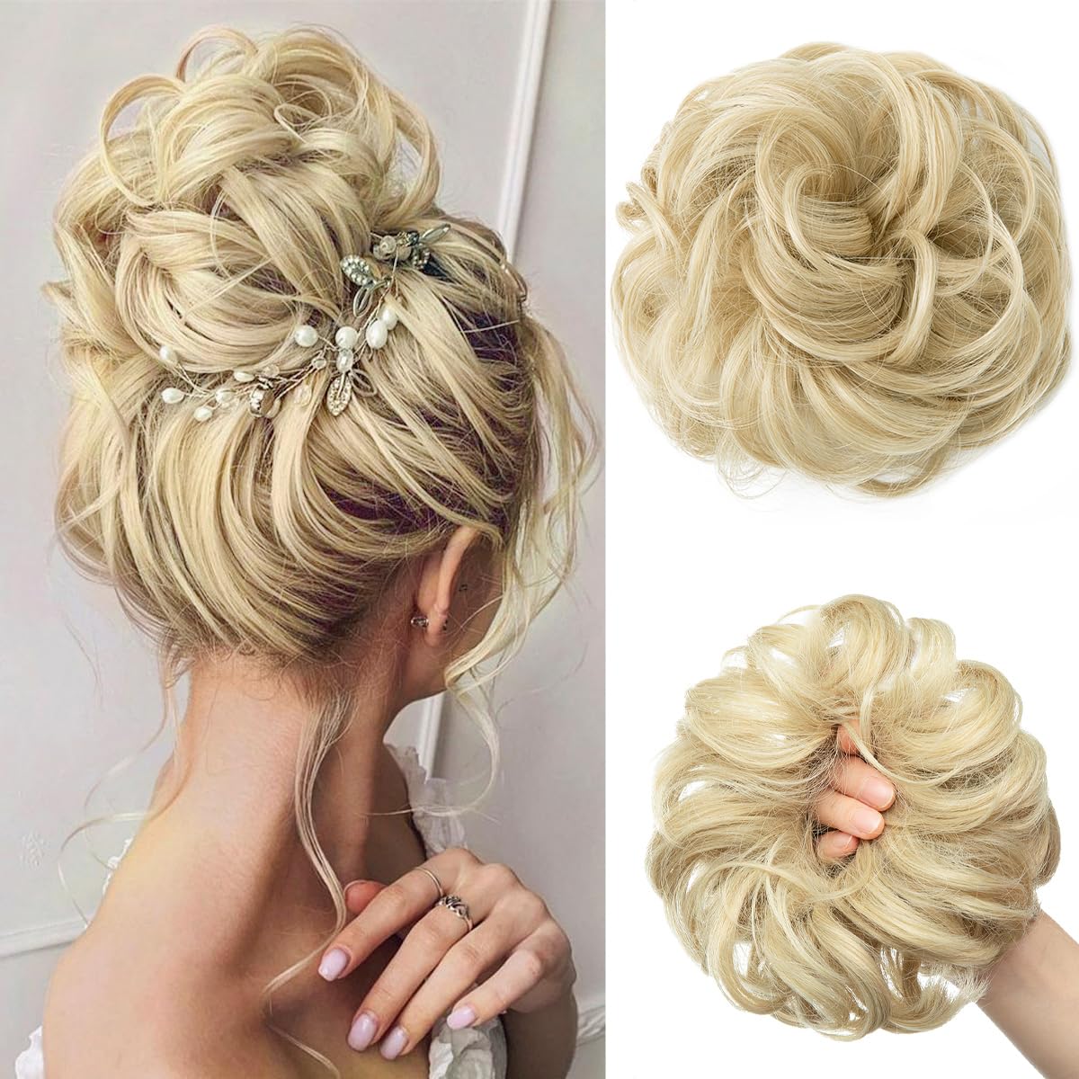 SARLAMessy Bun Hair Piece for Women Girls Synthetic Scrunchies Buns Extension Hairpieces Updo Pony Tail Ash Blonde