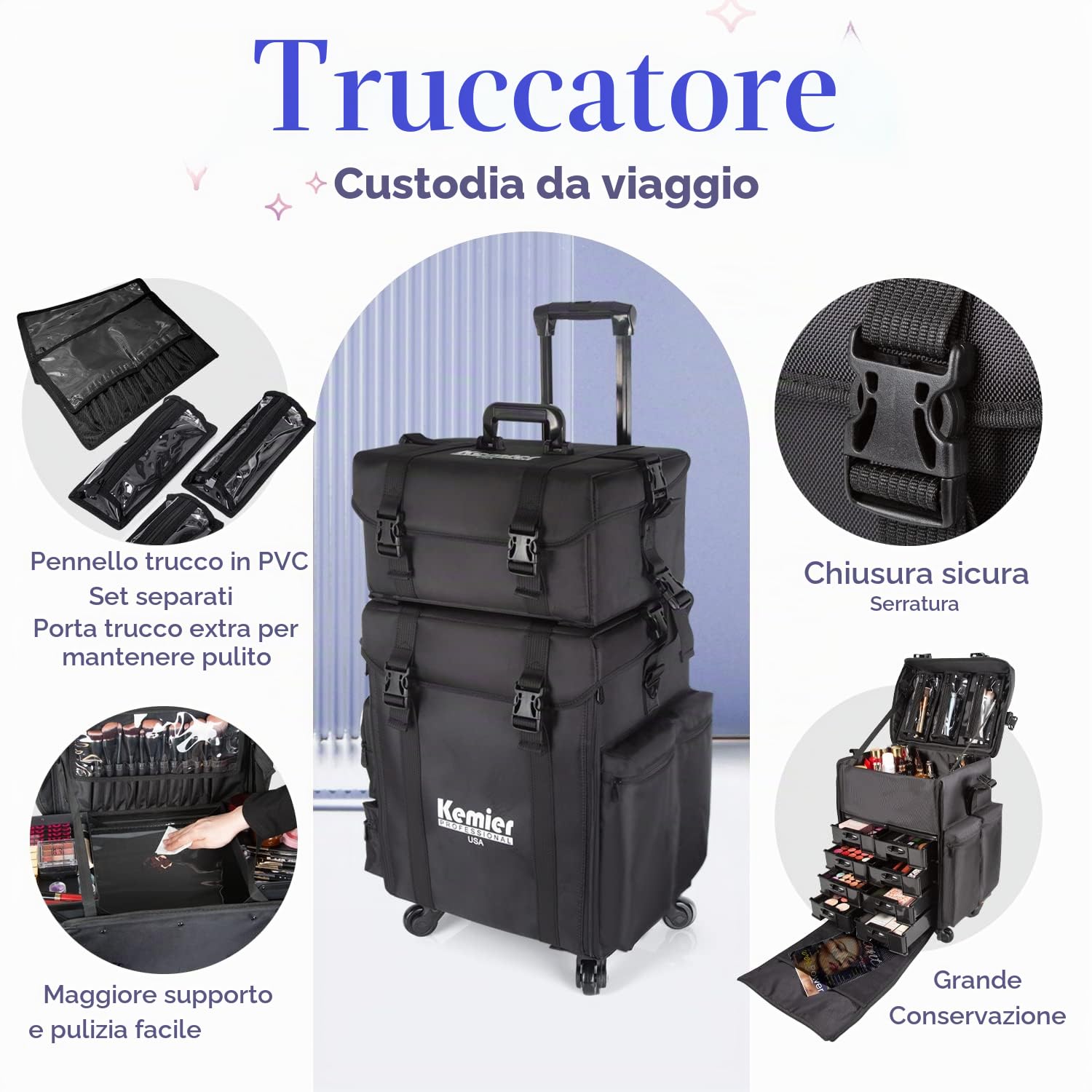 Valigetta per il trucco con ruote omnidirezionali 2 in 1 con lato morbido professionale, valigetta per il trucco con ruote, organizer per cosmetici con cassetti,Nero