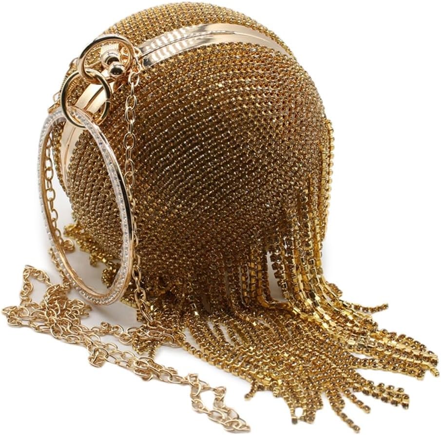 UMREN Women Round Ball Crystal Evening Clutch Purse Tassel Wedding Party Hand Bags - Image 3