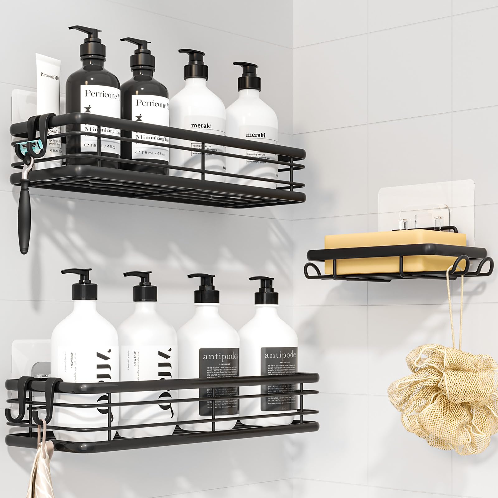 Kitsure Shower Caddy - 3-Pack Rustproof Bathroom Shelves, Large Capacity Adhesive Shower Shelf No Drilling, Space-Saving Storage of Bathroom Essentials, W30.0cm, Black, 3Pack