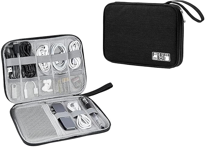 Gnanex Travel Cable Organizer Bag Waterproof Portable Electronic Organizer for USB Cable Cord Phone Charger Headset Wire SD Card,5pcs Cable Ties ( Black)