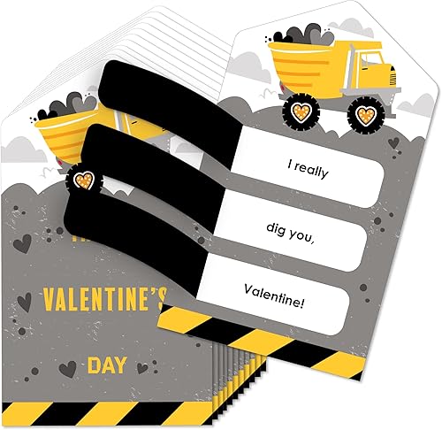 Miniatura 1 de Big Dot of Happiness Dig It - Zona de fiesta de construcción - Tarjetas de camión volquete para niños - Pestañas de tirar para el día de San